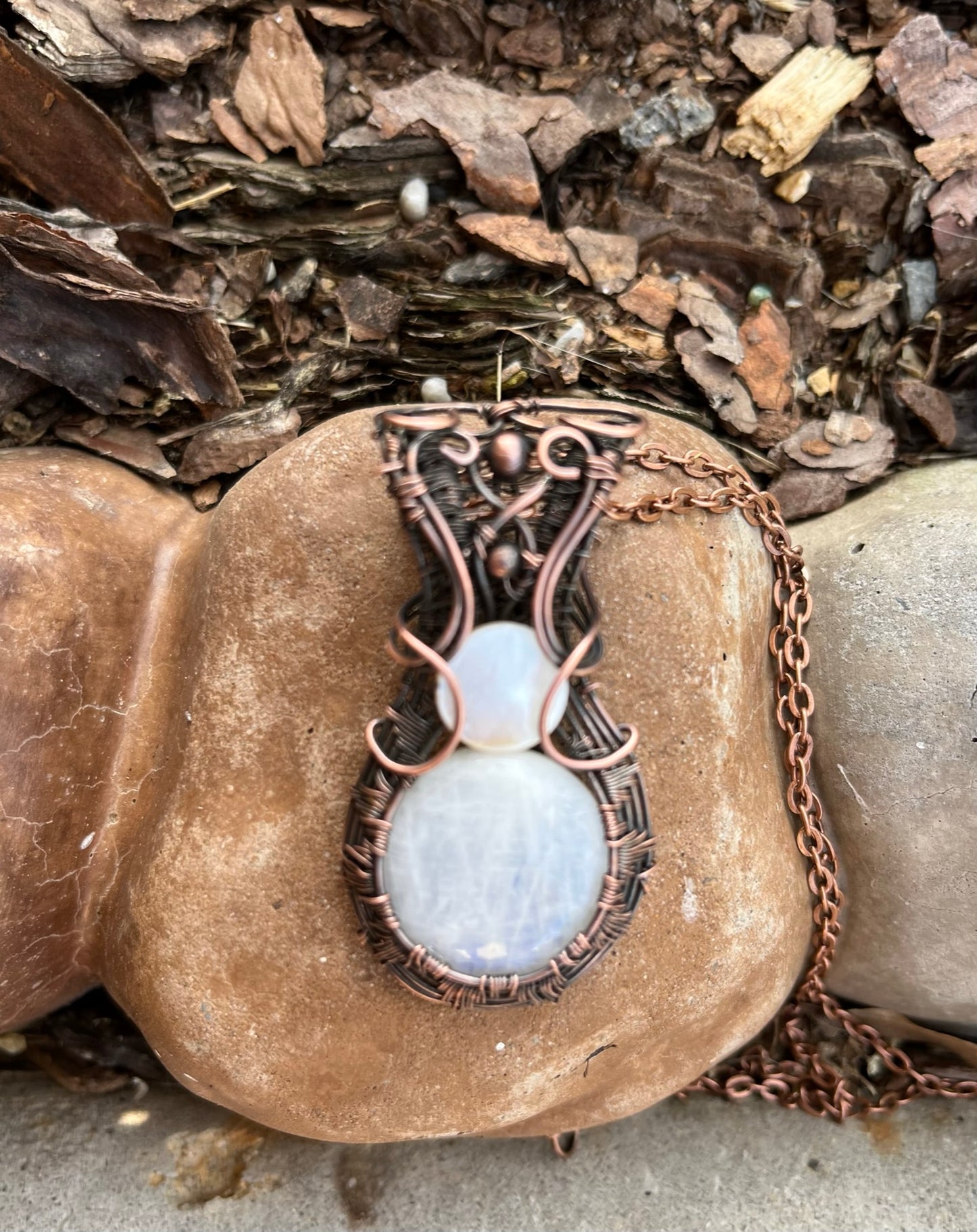 Round Moonstone Wire Wrapped in Antiqued Copper | Handmade Pendant