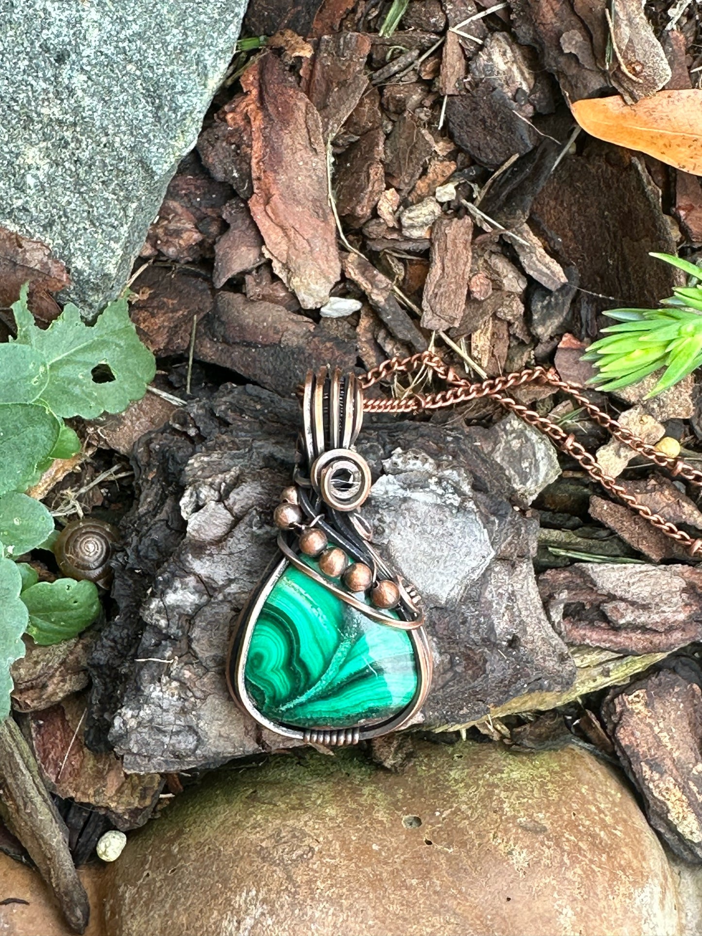 Handmade Wire Wrapped Malachite Pear Shape Pendant With Rosette Motif And Copper Beads