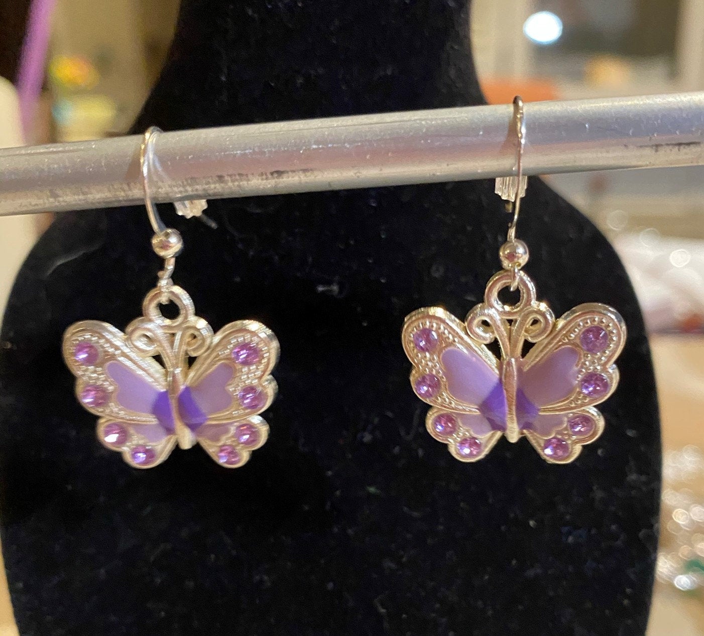 Purple and Silver Butterfly Charm Earrings