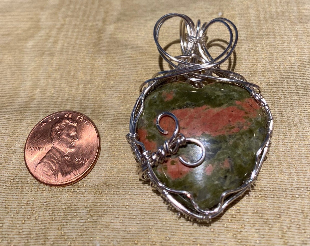 Wire Wrapped Unakite Heart Pendant with Silver Wire