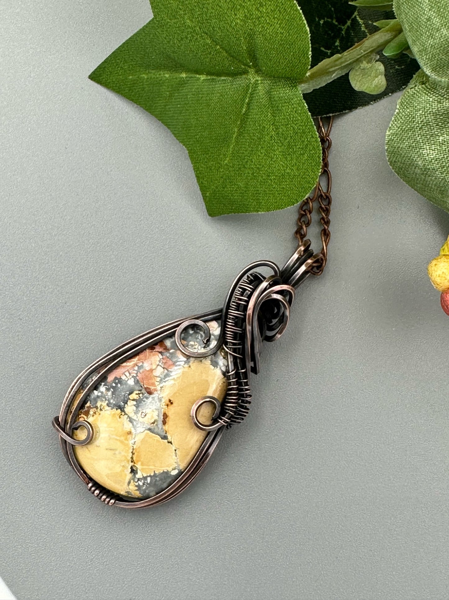 Maligano Jasper Teardrop Pendant Wrapped in Copper Wire