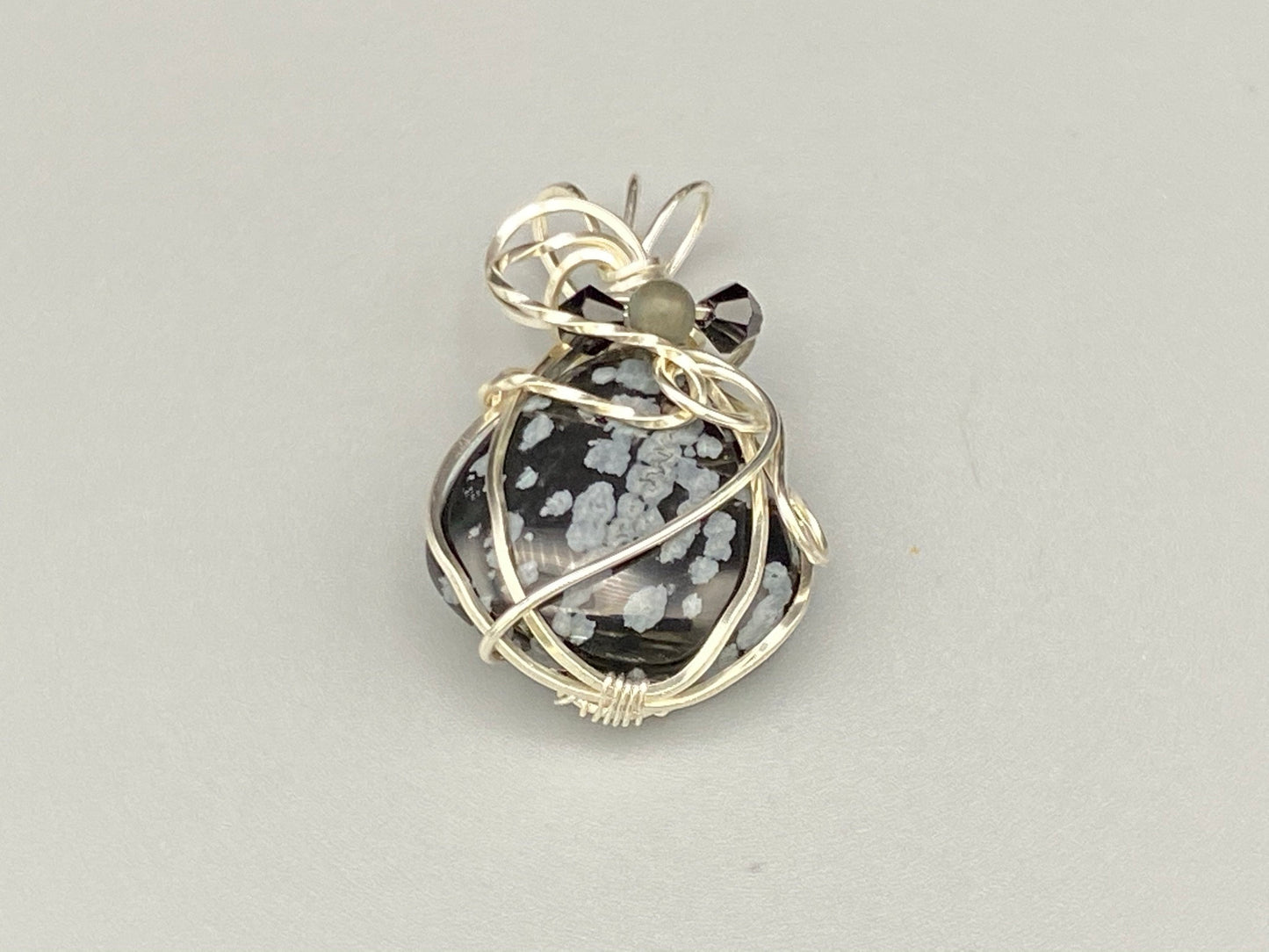 Wire Wrapped Snowflake Obsidian Teardrop Pendant