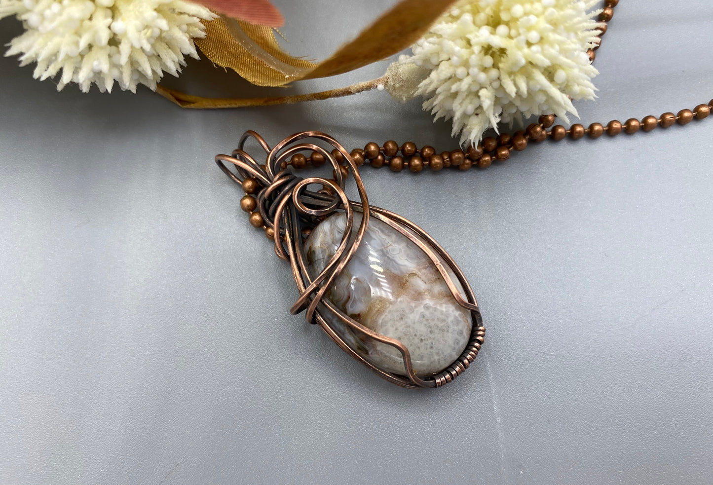 Crazy Lace Agate Oval Pendant | Copper Wire Wrapped Pendant