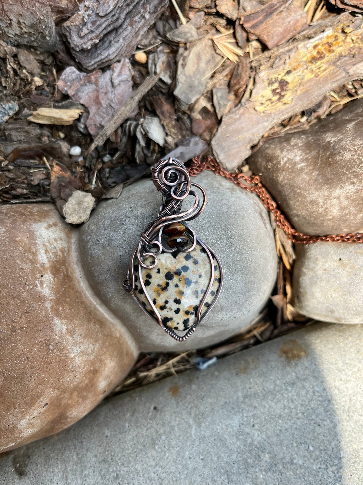 Natural Dalmation Jasper Heart Shaped Wire Wrapped Pendant