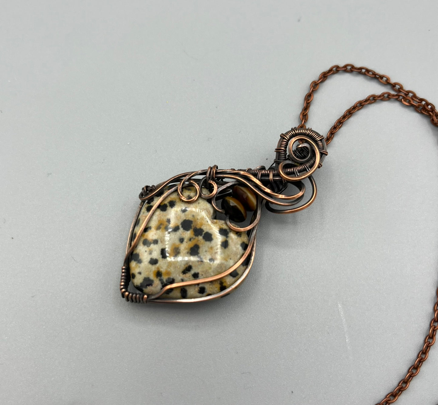 Natural Dalmation Jasper Heart Shaped Wire Wrapped Pendant