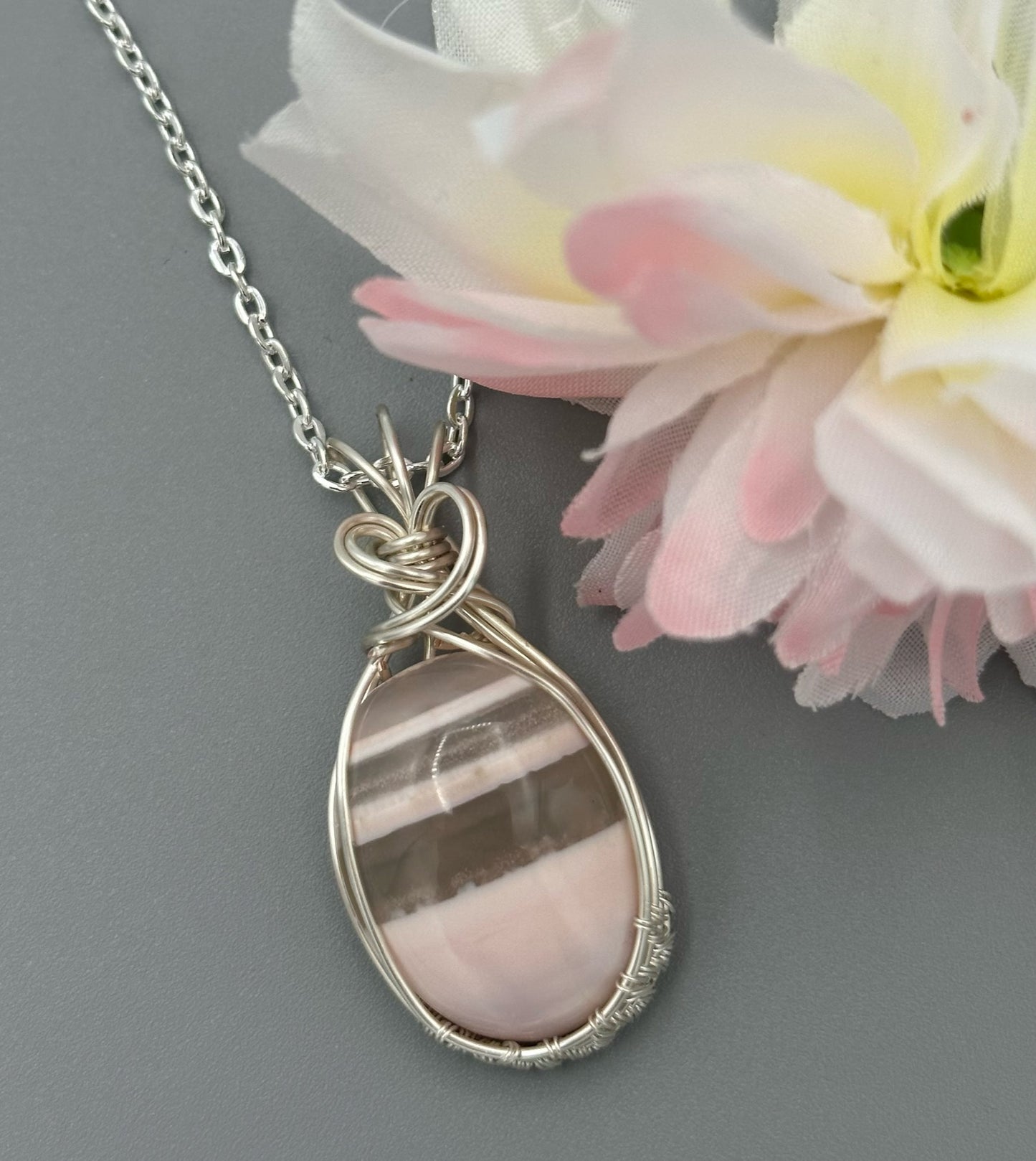 Handmade Wire Wrapped Pink Stripe Agate Oval Pendant