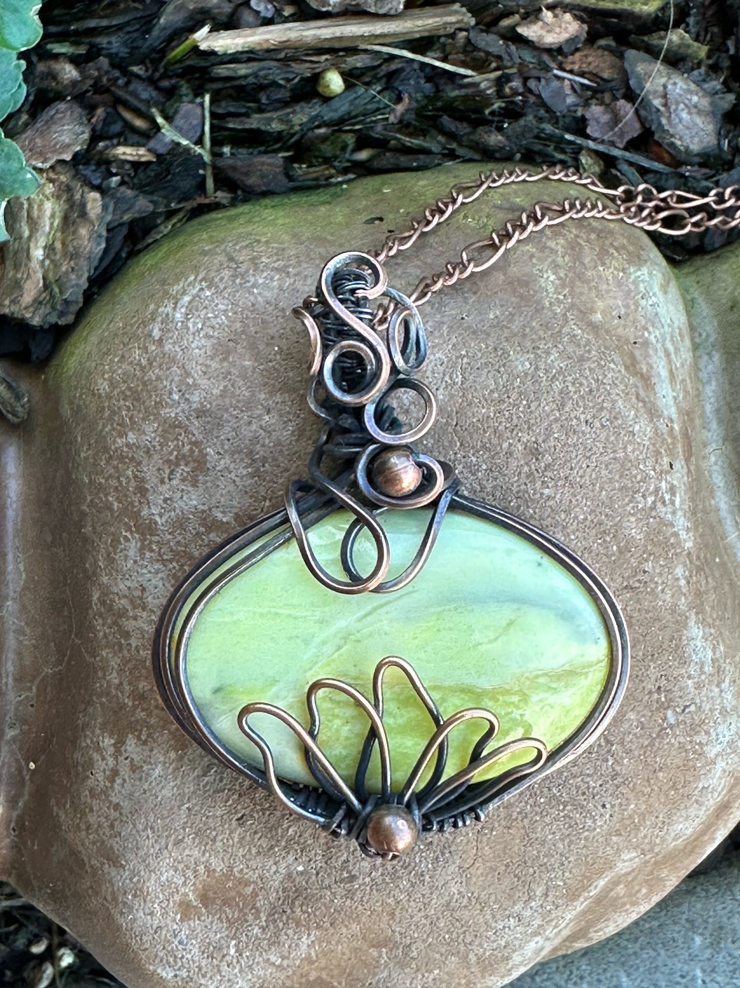 Green Opal With Lotus Handmade Wire Wrapped Pendant
