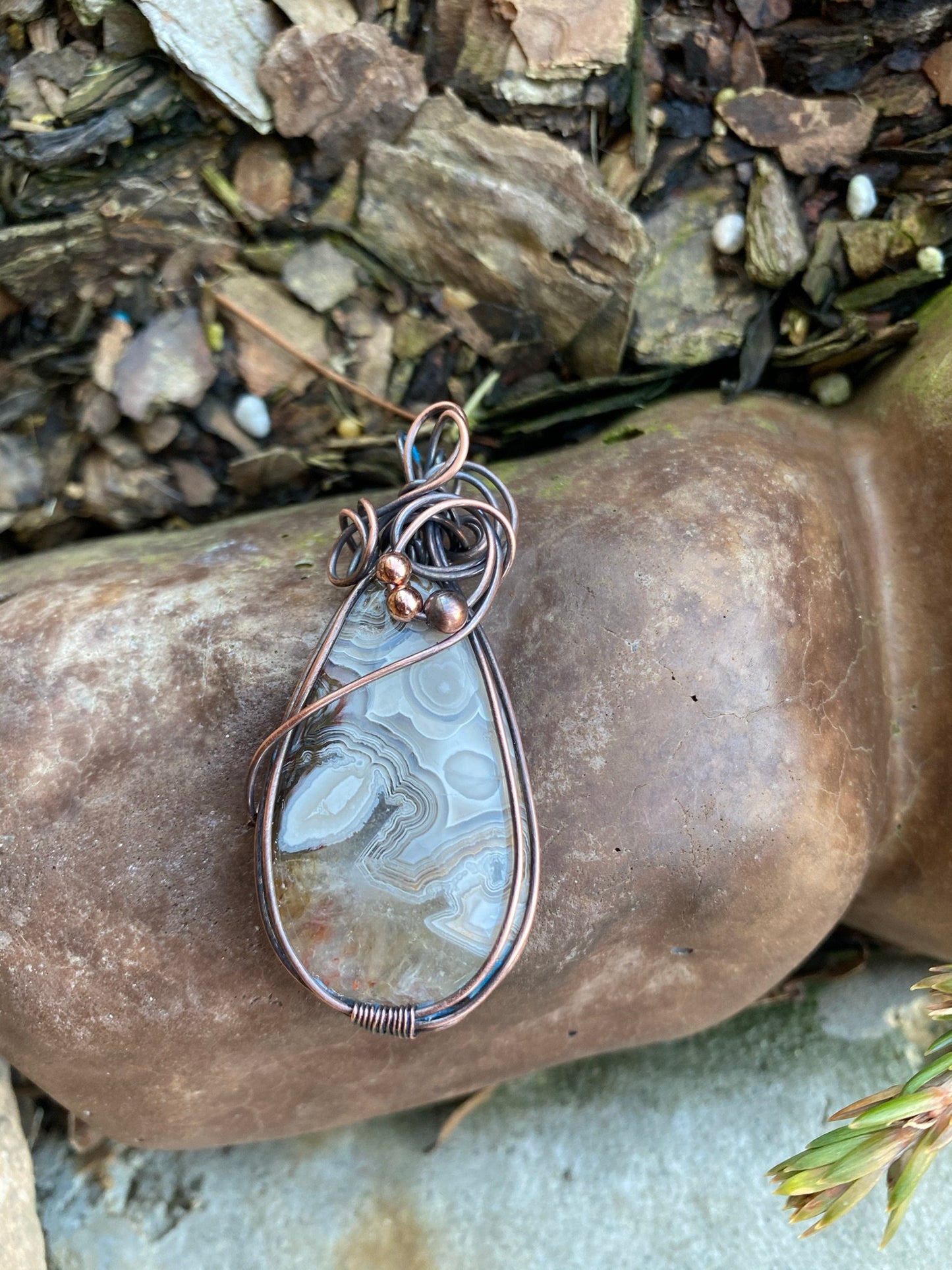 Gray and Beige Crazy Lace Agate, Wire Wrapped Teardrop Pendant