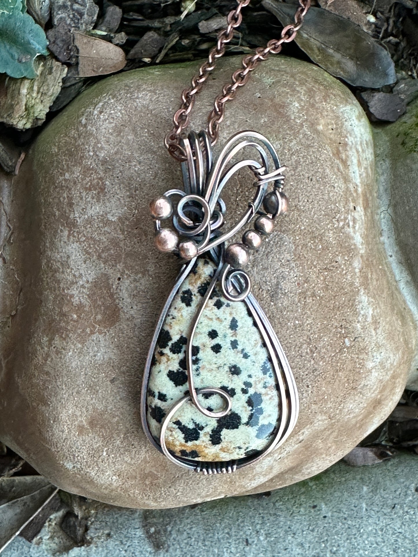 Dalmatian Jasper Teardrop Handmade Wire Wrapped Pendant