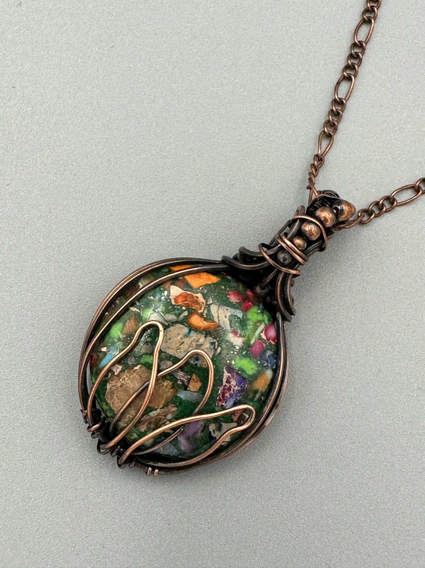 Pyrite Multi-Color Sea Sediment Jasper with Lotus Handmade Wire Wrapped Pendant