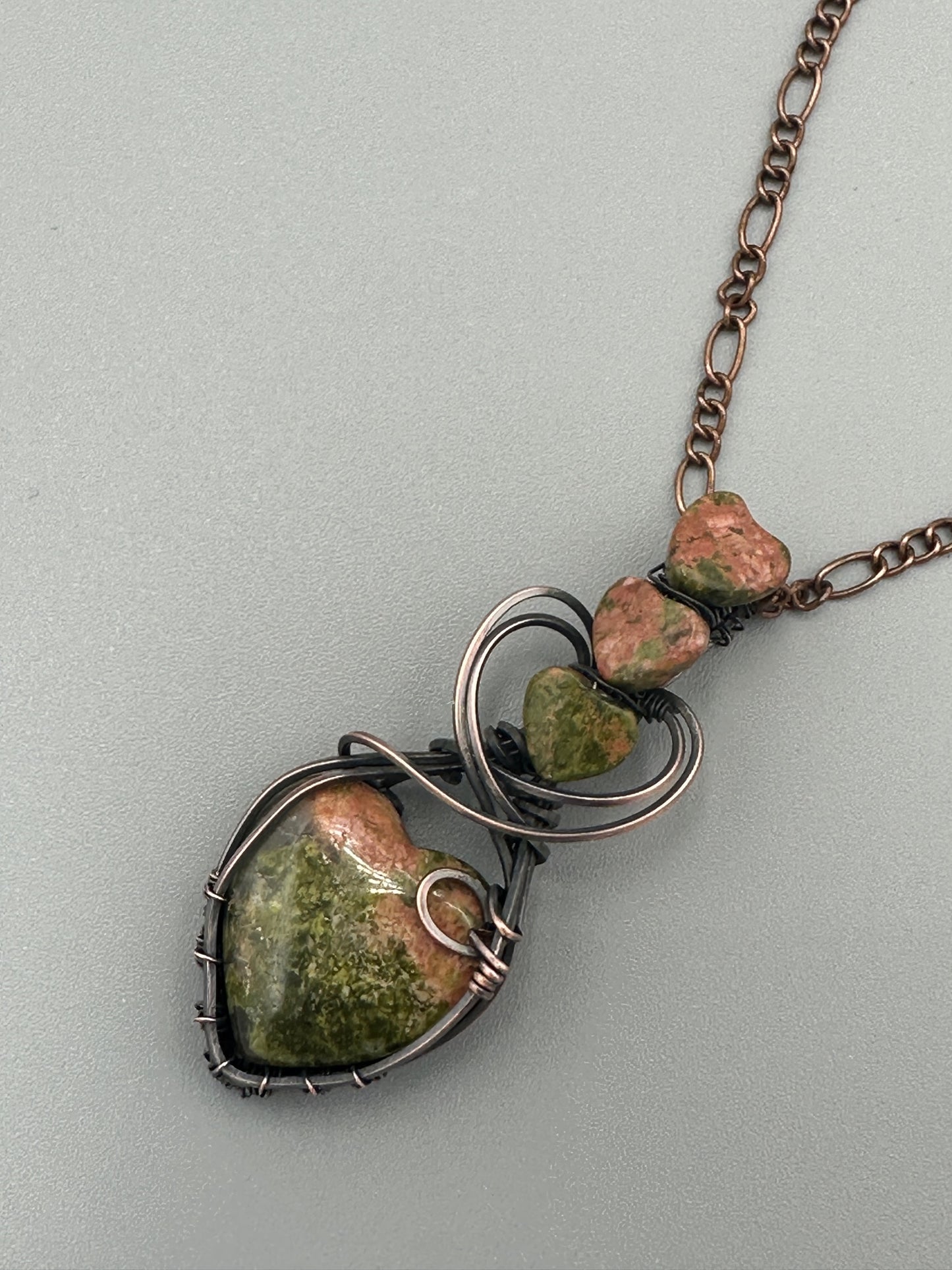 Unakite Heart Shaped Handmade Wire Wrapped Pendant