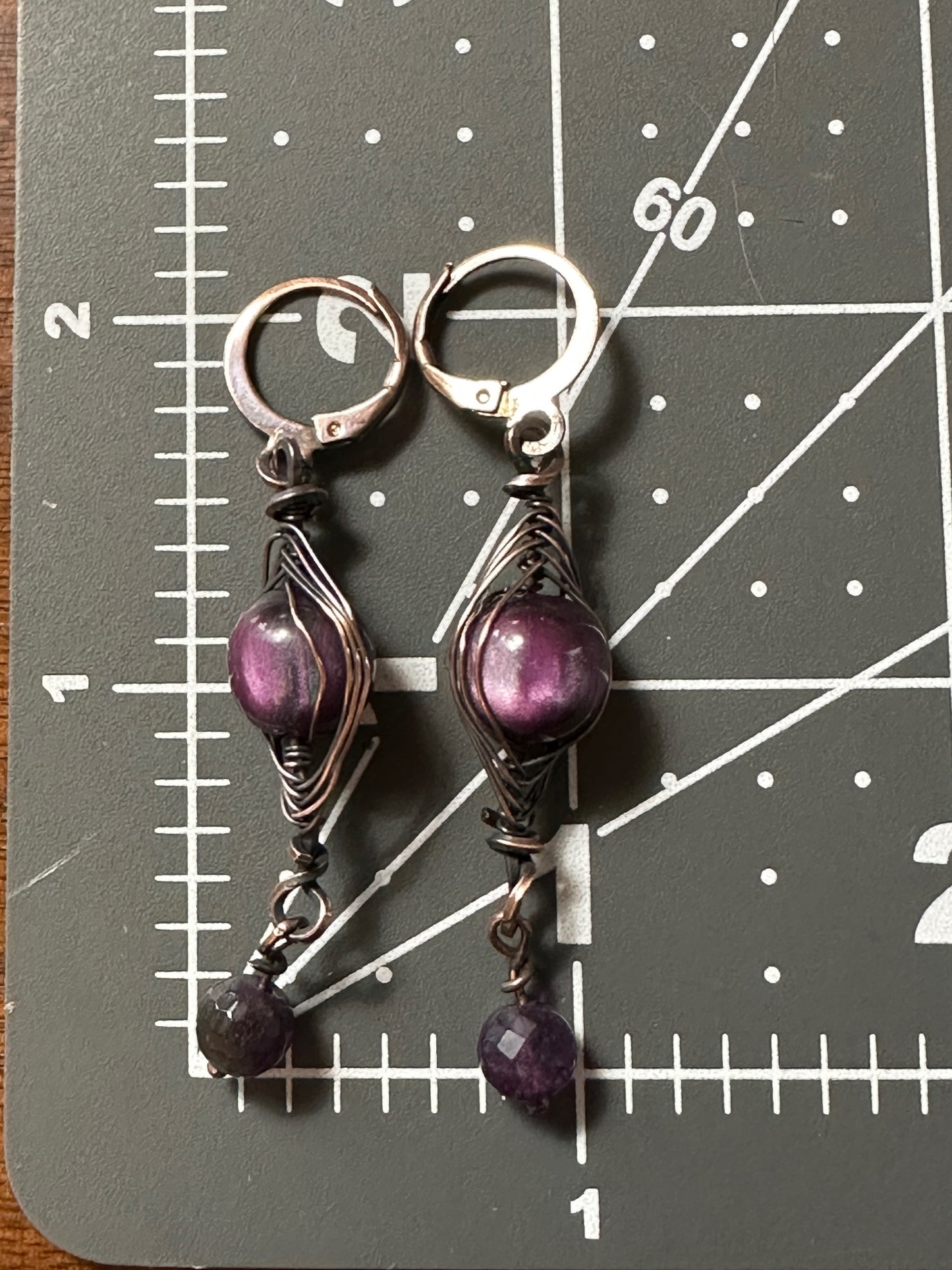 Purple Beaded Wire Wrapped Dangle Earrings