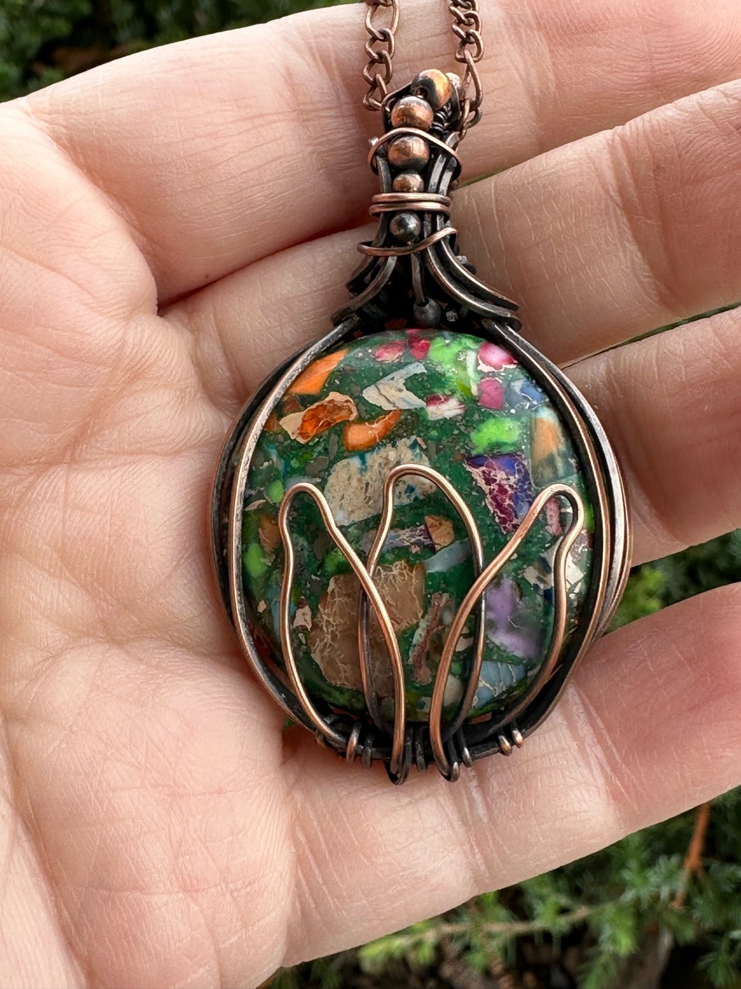 Pyrite Multi-Color Sea Sediment Jasper with Lotus Handmade Wire Wrapped Pendant