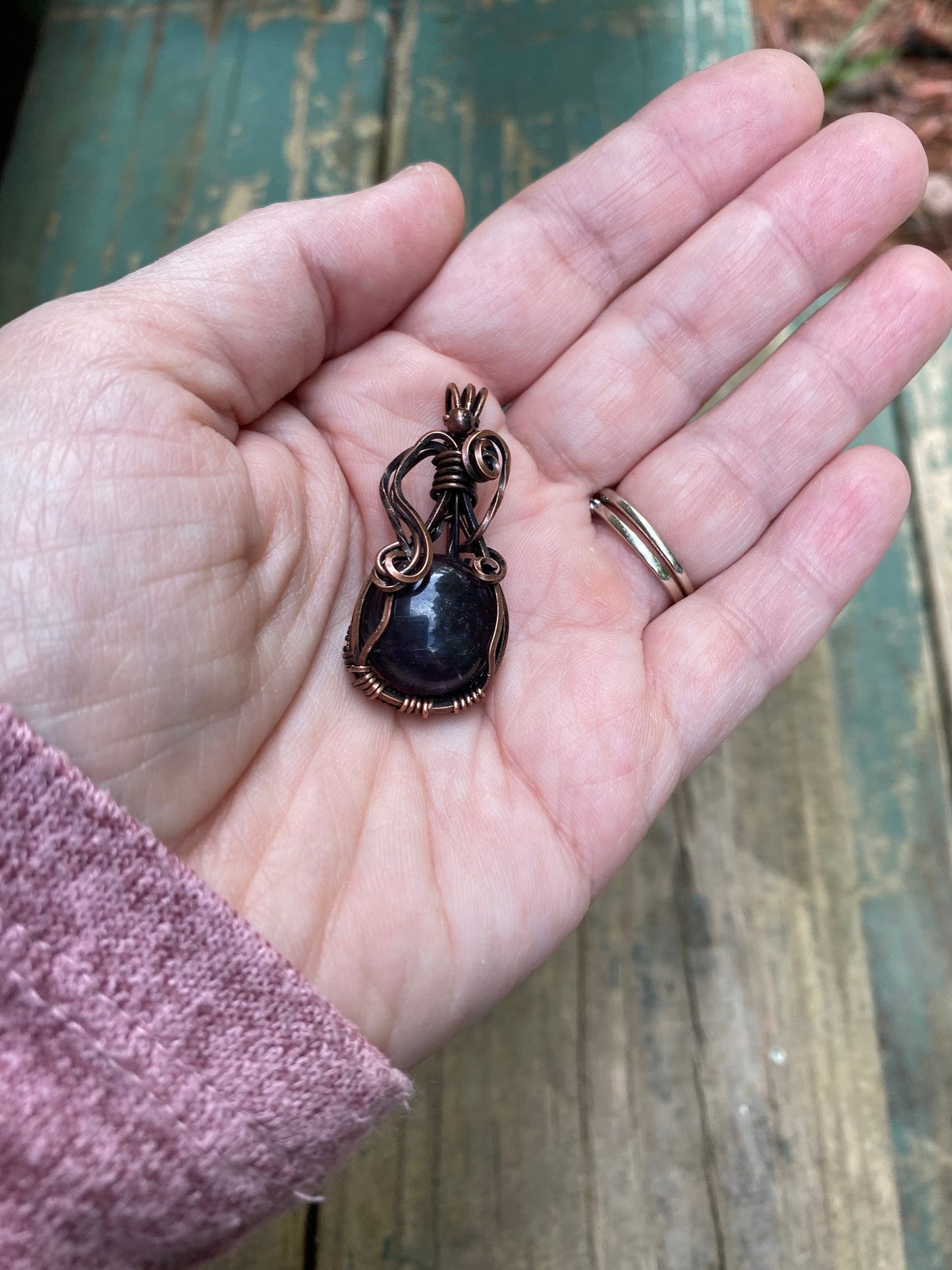 Round Blue Stone Pendant, Handmade, Antiqued Copper Wire Wrapped Necklace