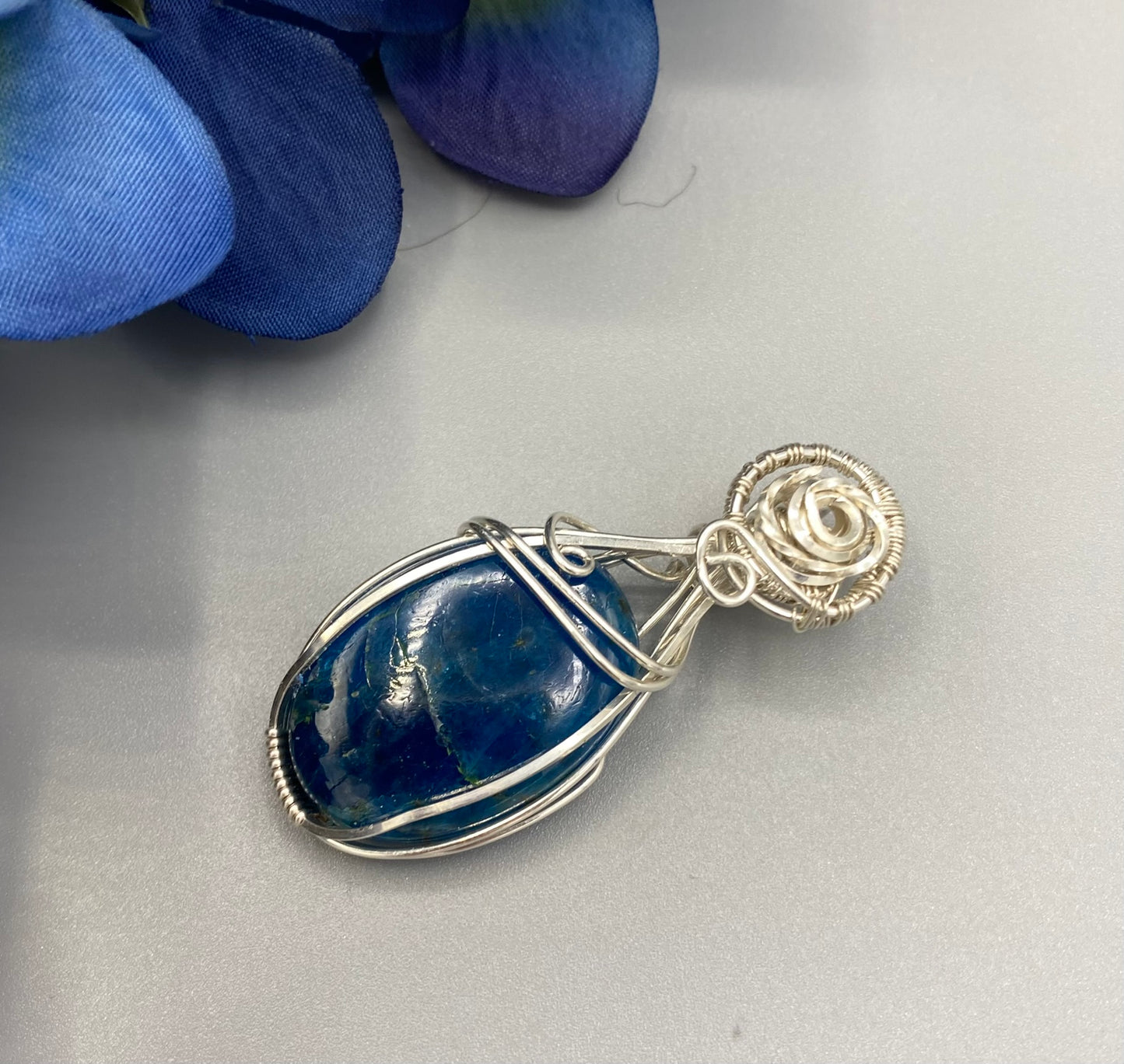 Blue Apatite Wire Wrapped in Silver Plated Wire