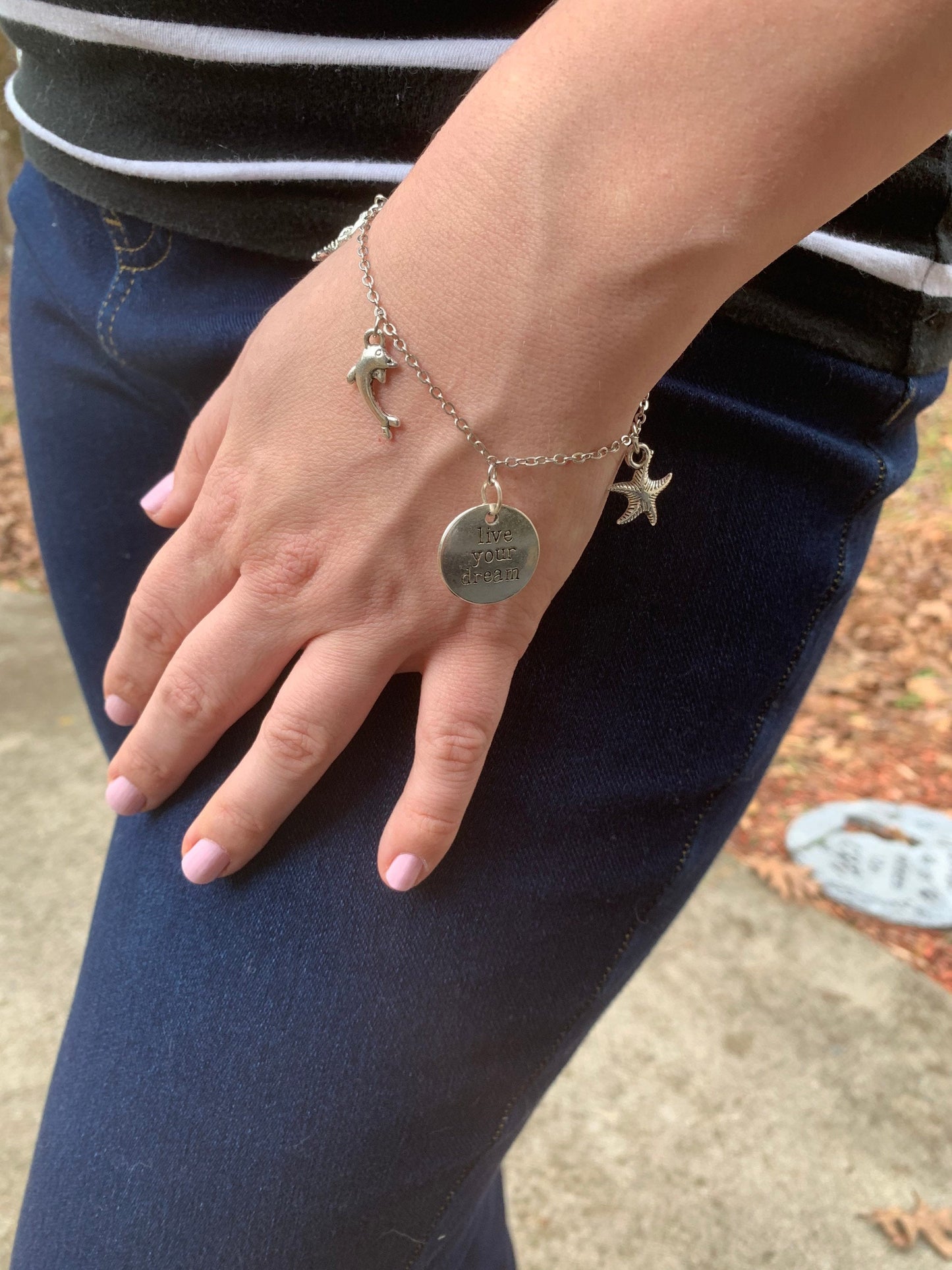 Beach Theme Charm Bracelet, Mermaid, Dolphin and Starfish