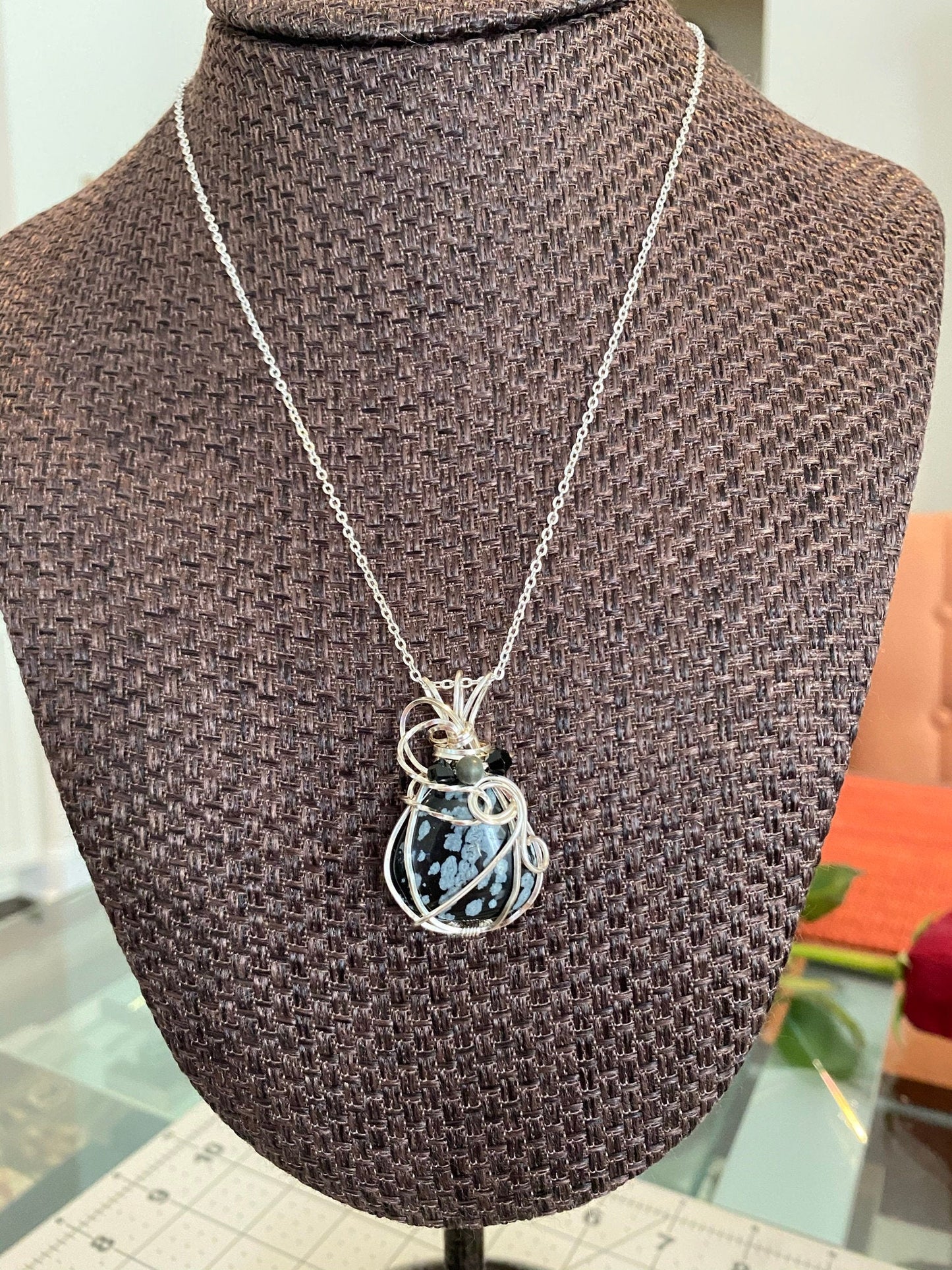 Wire Wrapped Snowflake Obsidian Teardrop Pendant