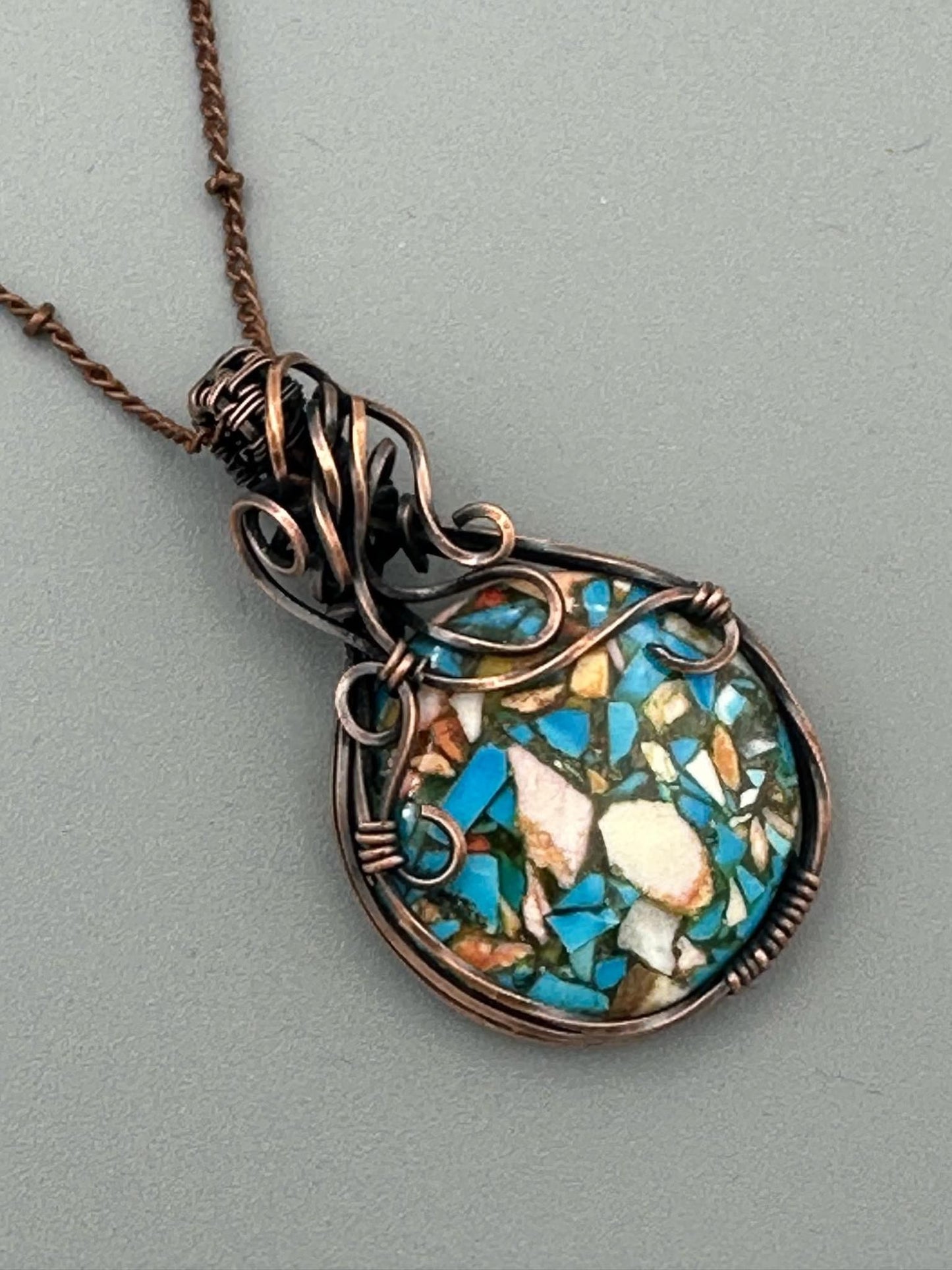 Round Copper Turquoise Mohave Handmade Wire Wrapped Pendant
