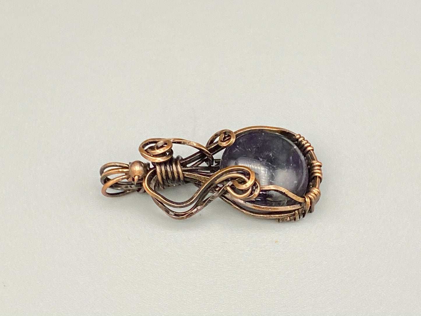 Round Blue Stone Pendant, Handmade, Antiqued Copper Wire Wrapped Necklace