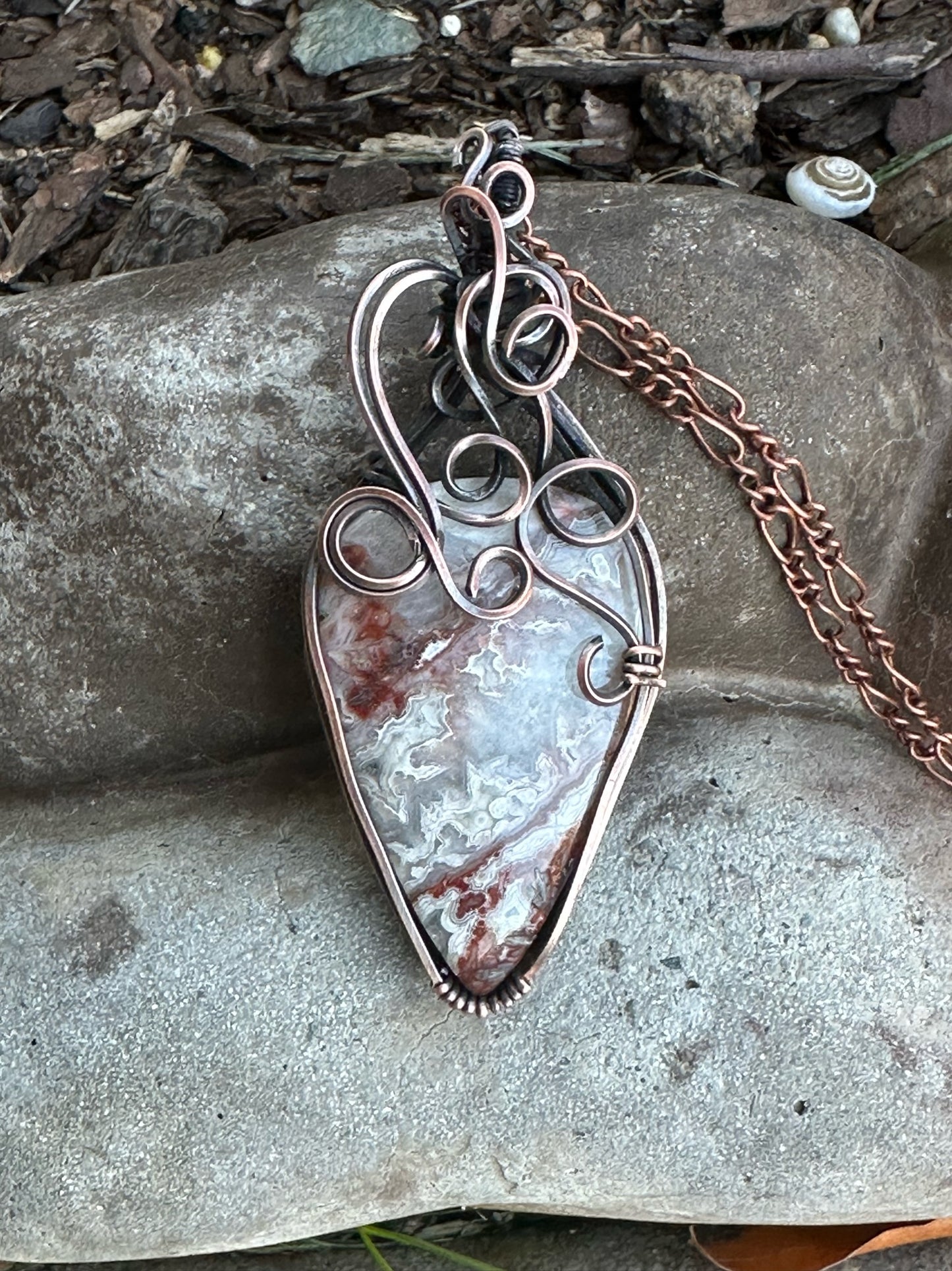 Teardrop Crazy Lace Copper Wire Wrapped Pendant