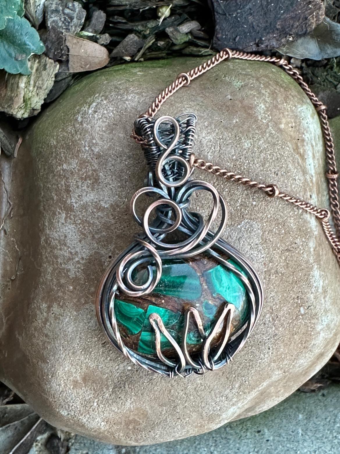 Handmade Wire Wrapped Copper Malachite Oval Shaped Pendant