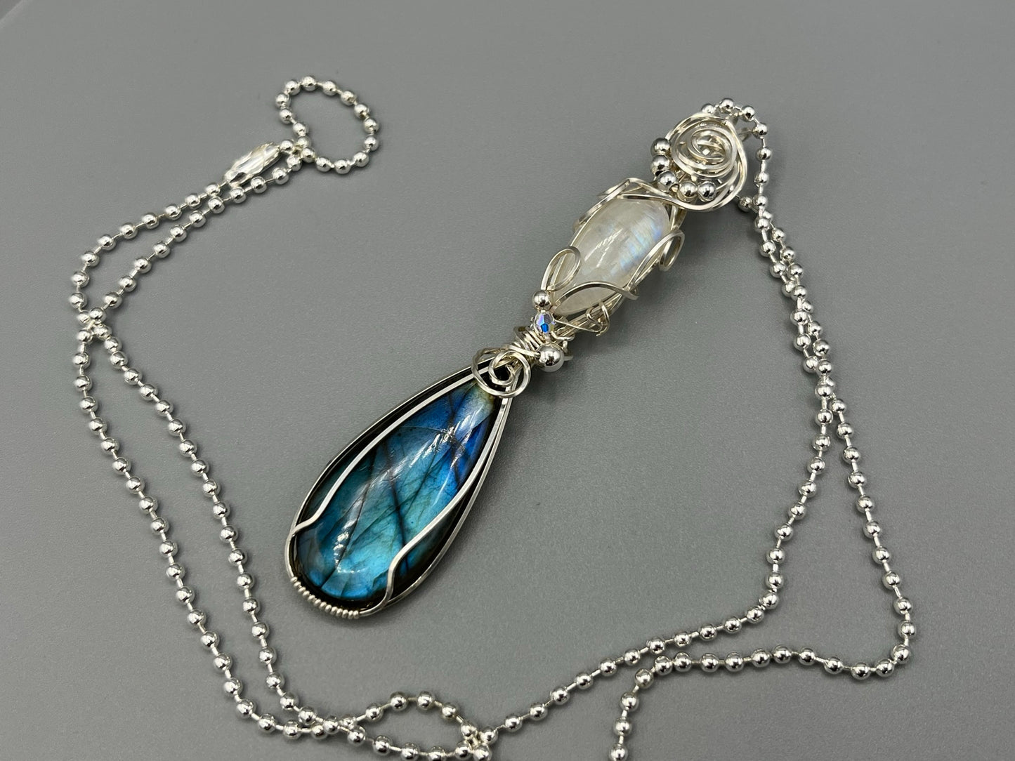 Labradorite and Moonstone Double Wire Wrapped Pendant