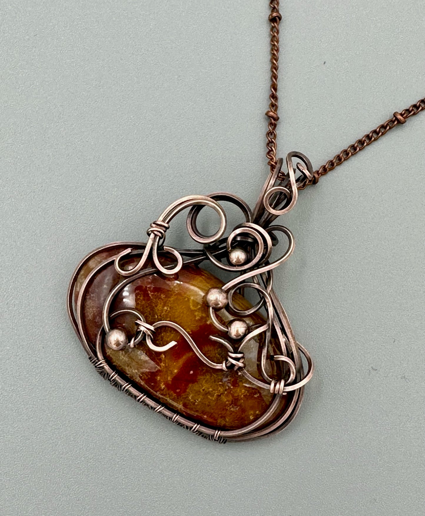 Autumn Colored Oval Swirly Handmade Wire Wrapped Pendant