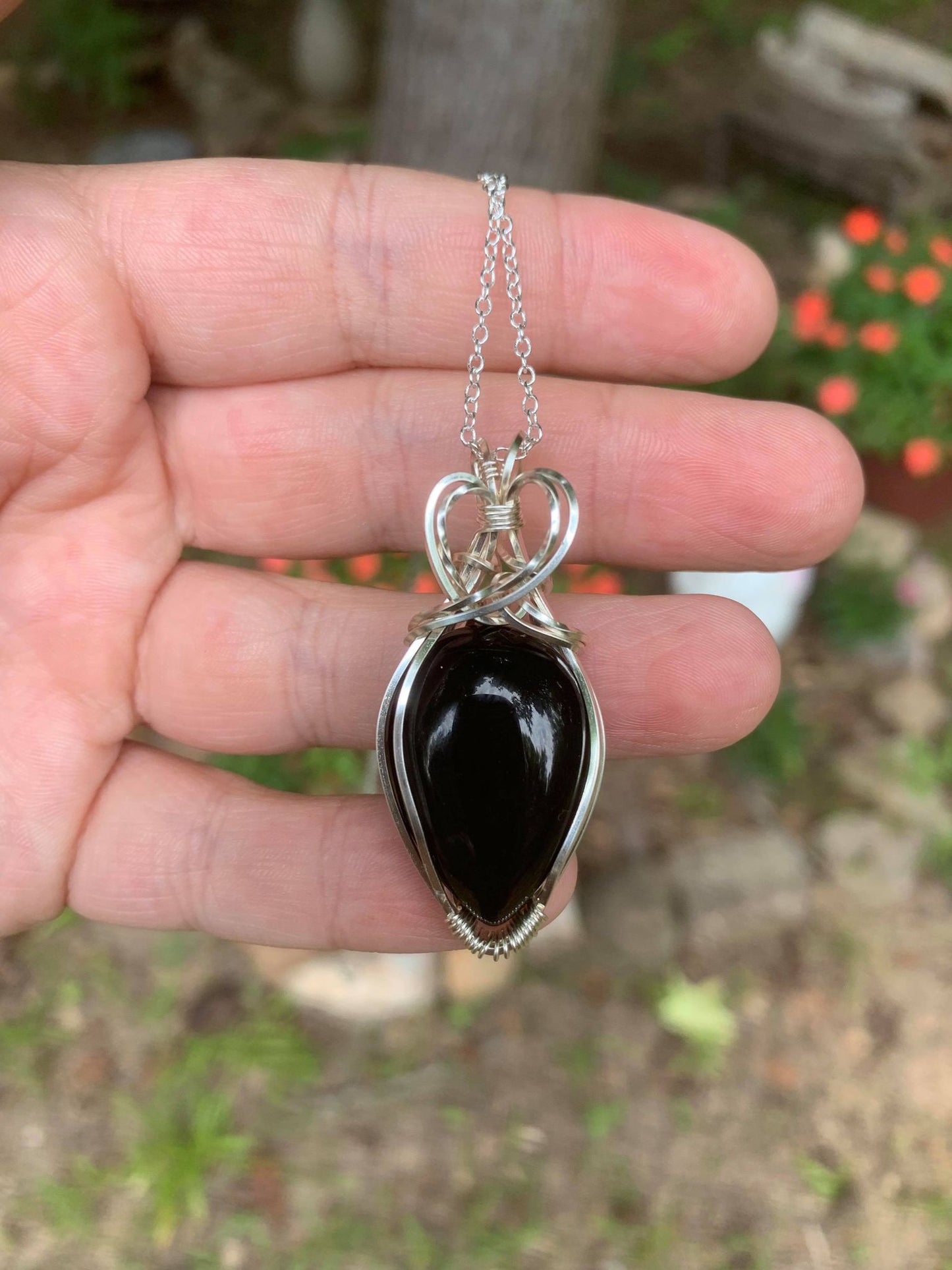 Black Onyx Wire Wrapped Teardrop Pendant