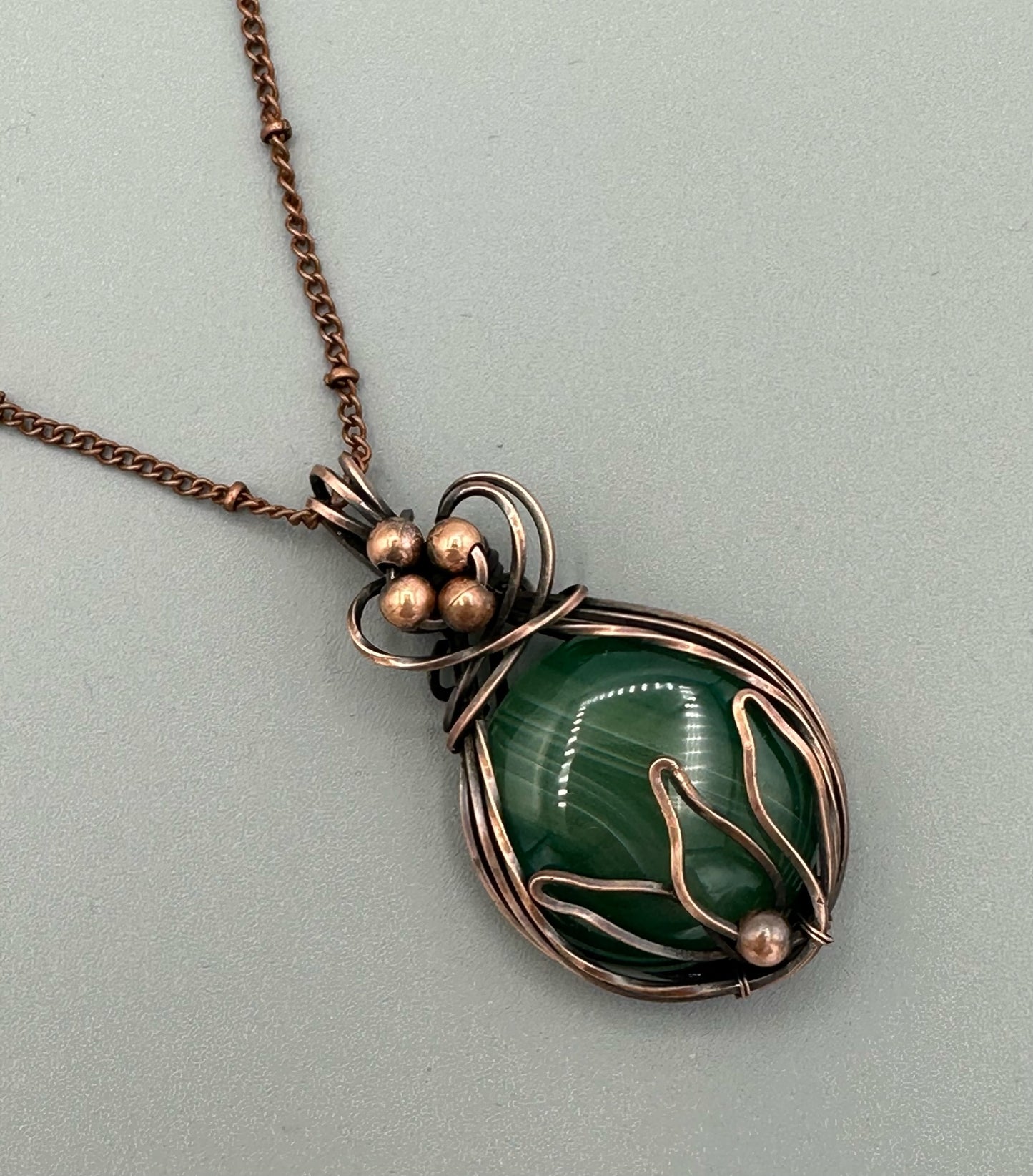 Round Green Veins Agate With Lotus Design And Copper Beads Wire Wrapped Pendant