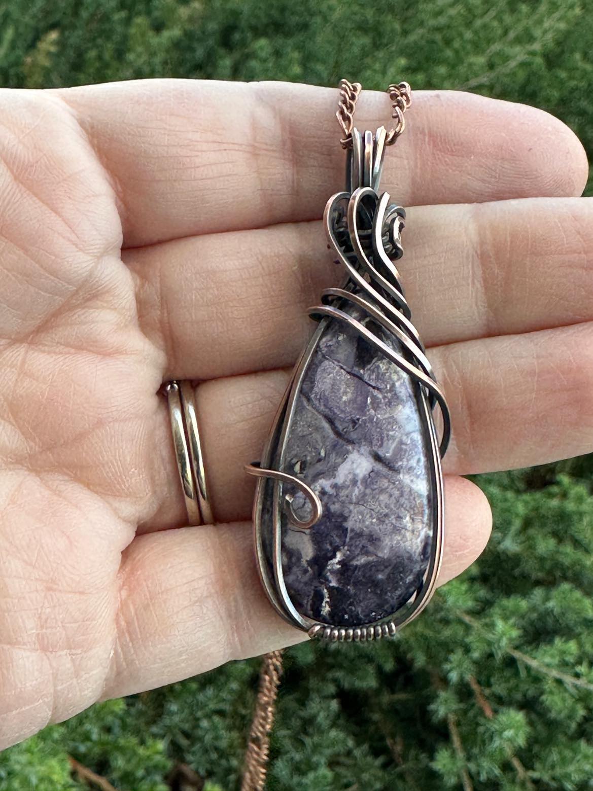 Handmade Amethyst Teardrop Wrapped In Oxidized Copper Wire