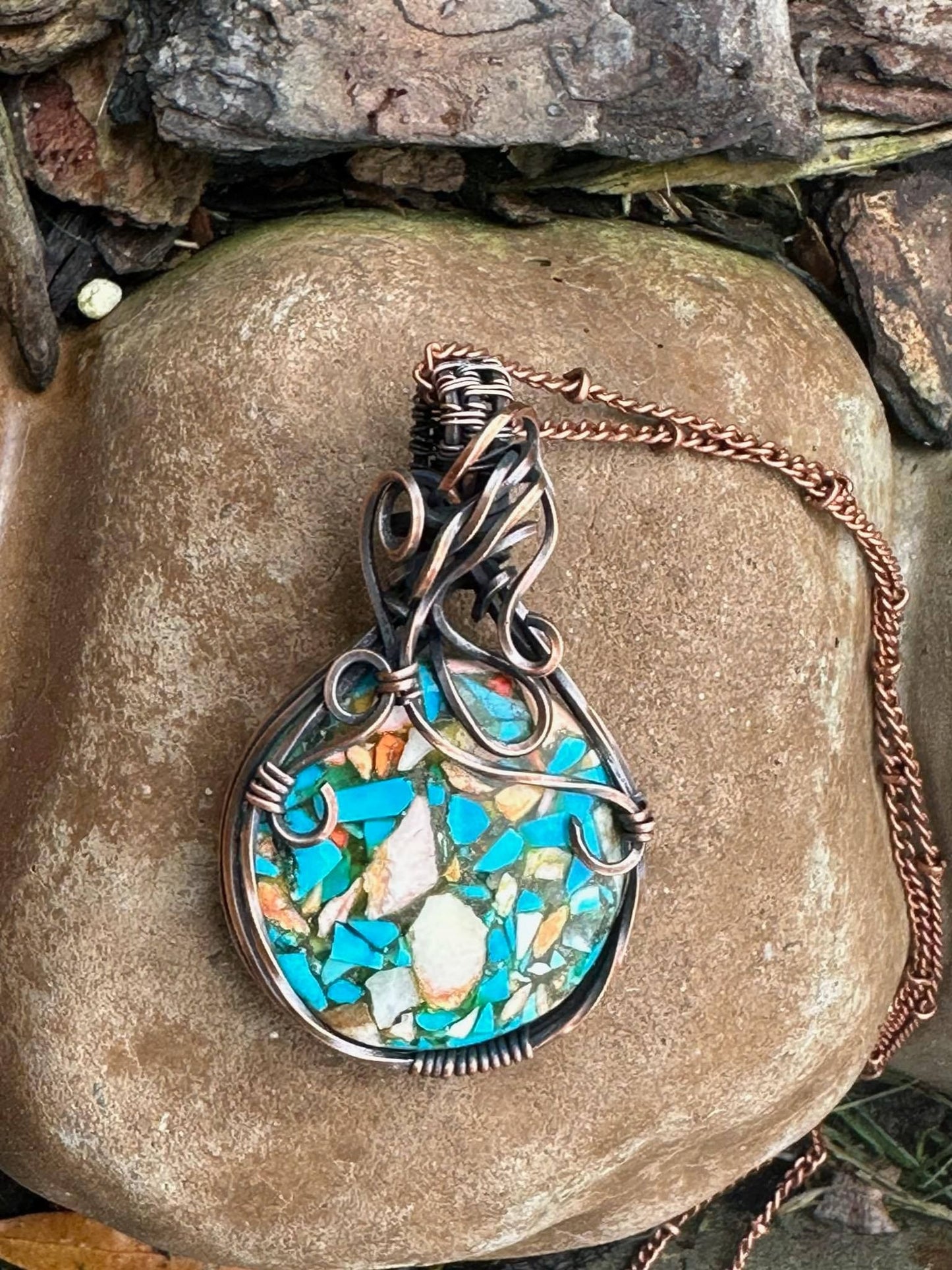 Round Copper Turquoise Mohave Handmade Wire Wrapped Pendant