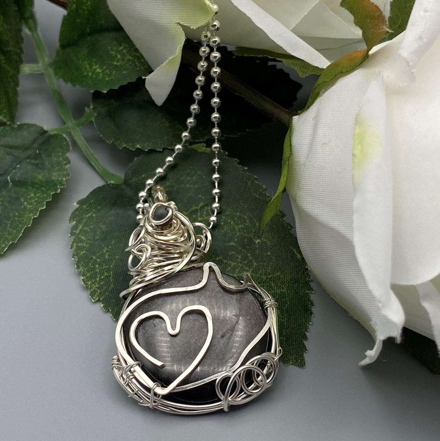 Natural Silver Sheen Obsidian Circle Pendant with Kitty Cat