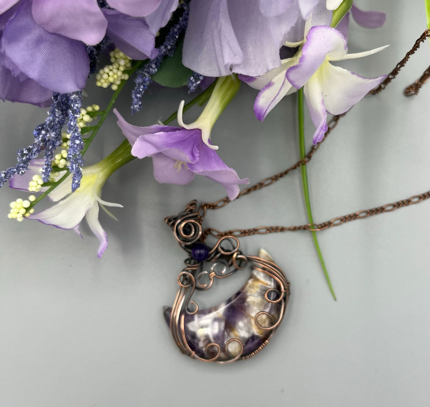 Amethyst Crescent Moon Pendant | Wire Wrapped Moon Necklace