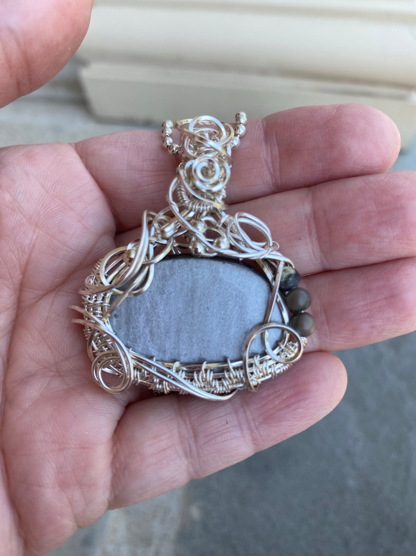 Oval Silver Sheen Obsidian Pendant Wire Wrapped in Silver