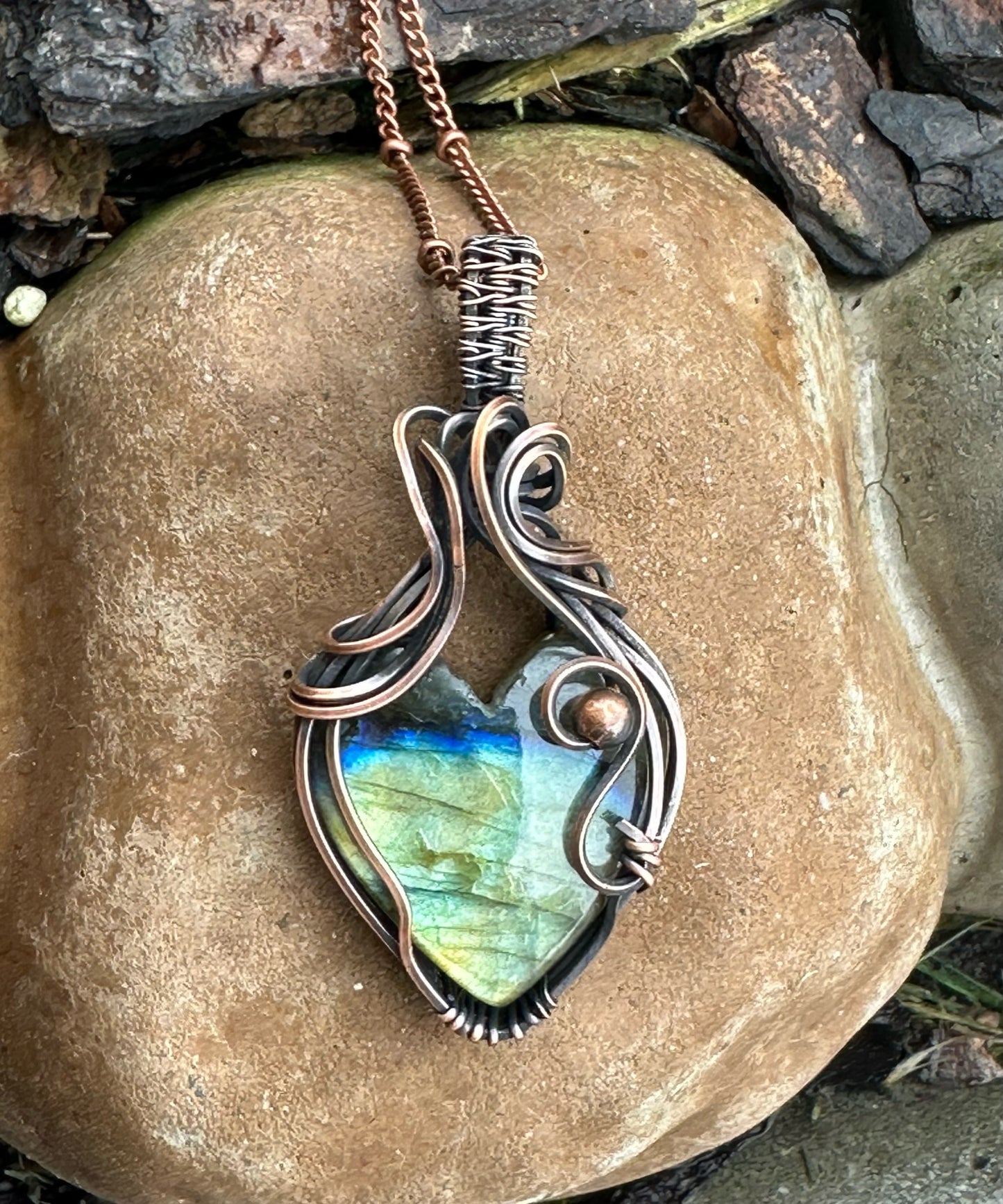 Labradorite Heart Wrapped In Oxidized Copper Wire