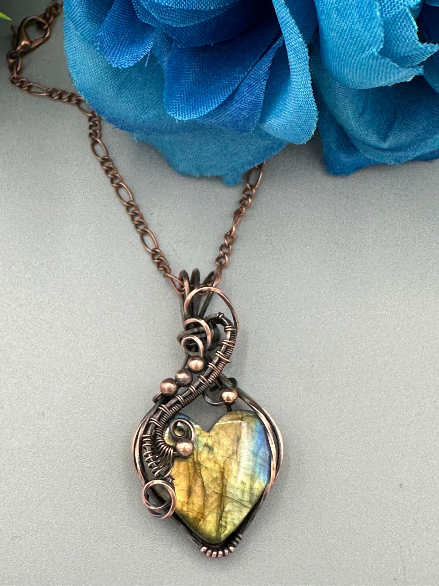 Labradorite Heart Shaped Copper Wire Wrapped Pendant
