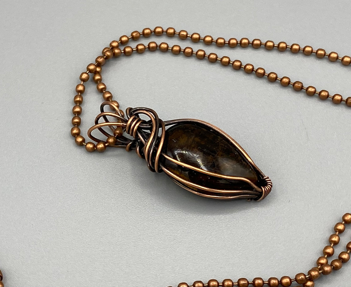 Tiger's Eye Agate Teardrop Pendant, Wire Wrapped in Copper