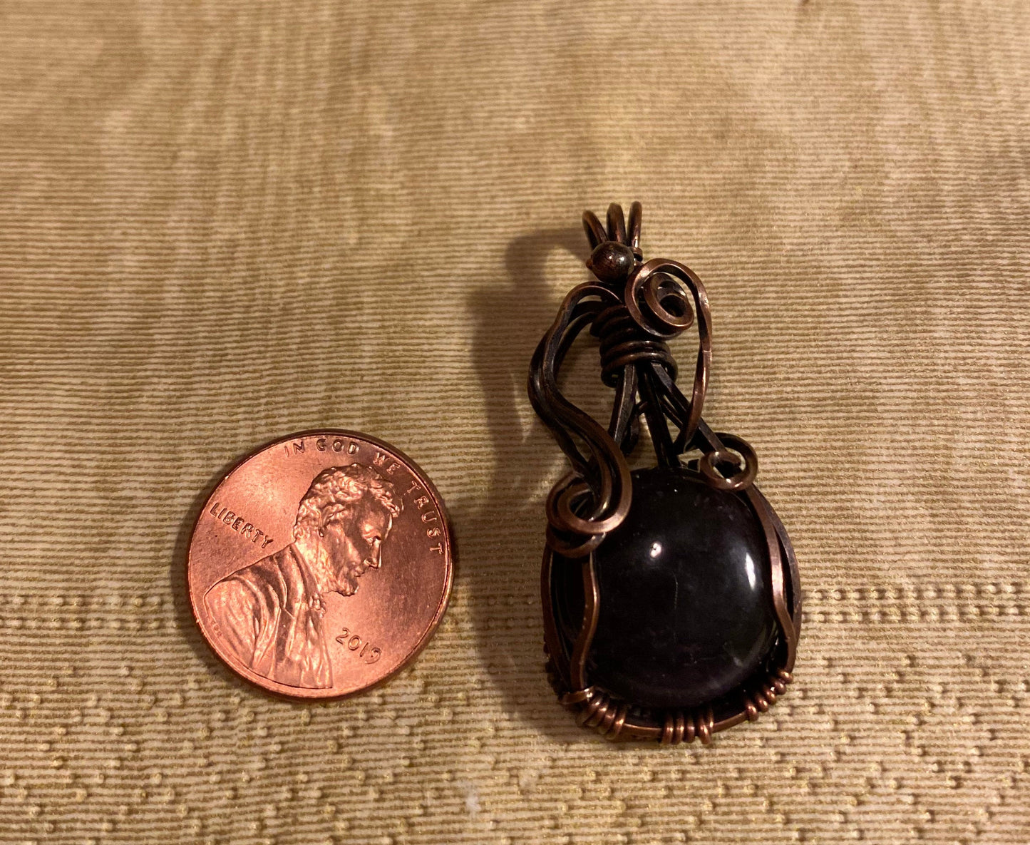 Round Blue Stone Pendant, Handmade, Antiqued Copper Wire Wrapped Necklace