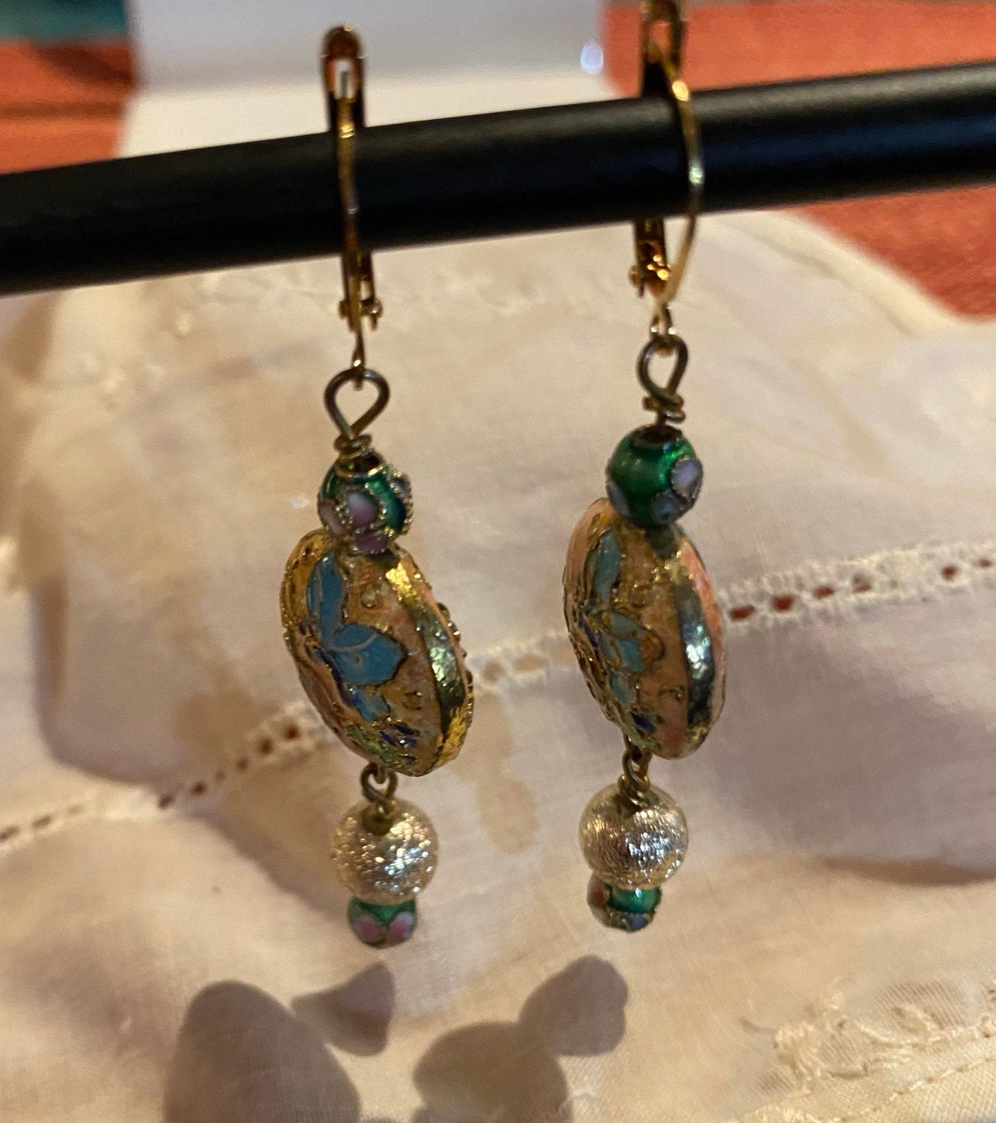Cloisonne Dangle Earrings With Gold Lever Hooks