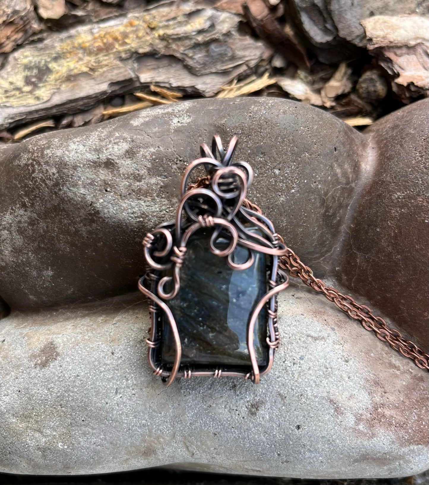 Square Blue Labradorite Wire Wrapped Pendant