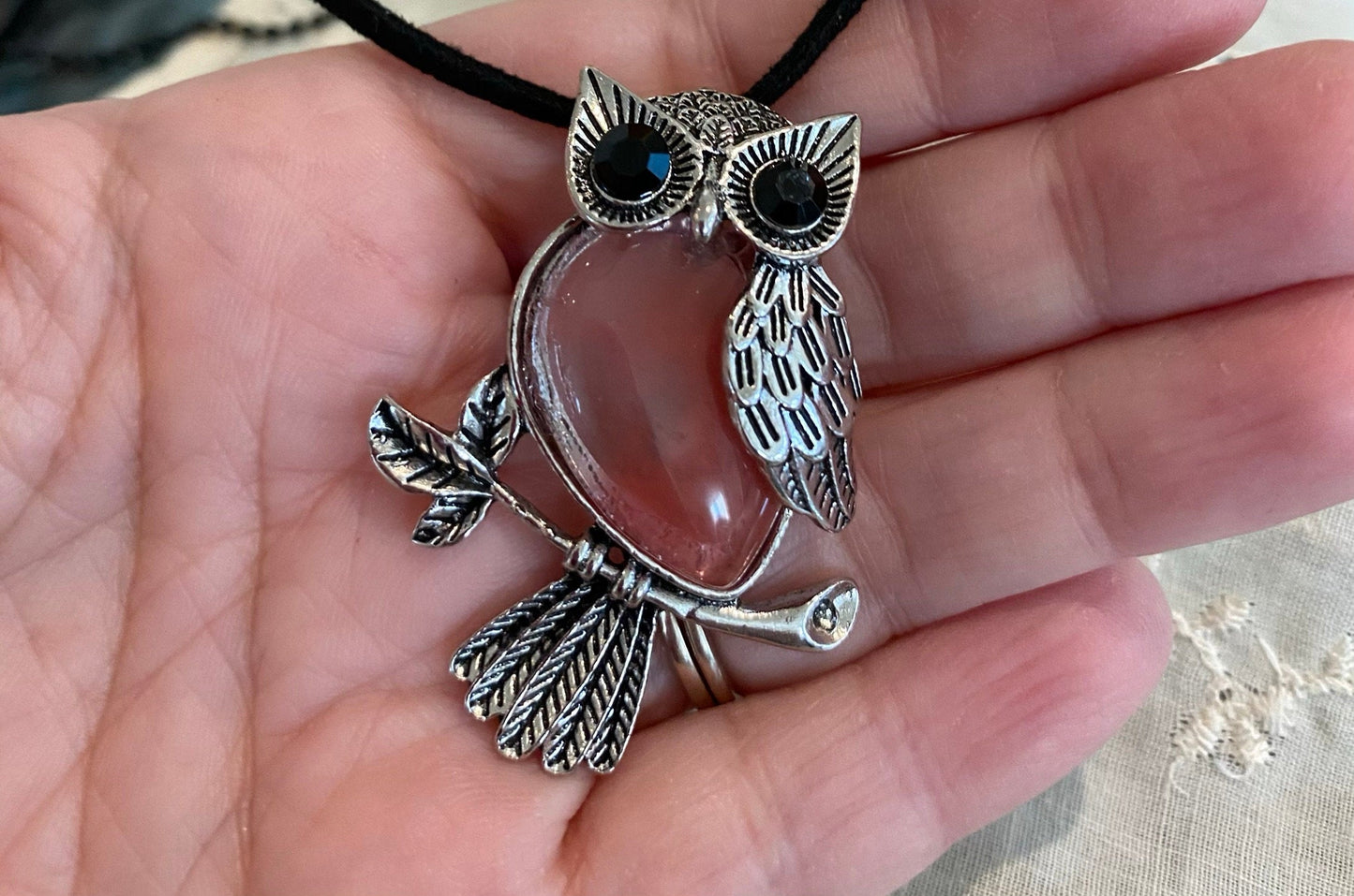 Pinkish Banded Owl Charm Necklace with Black Cord