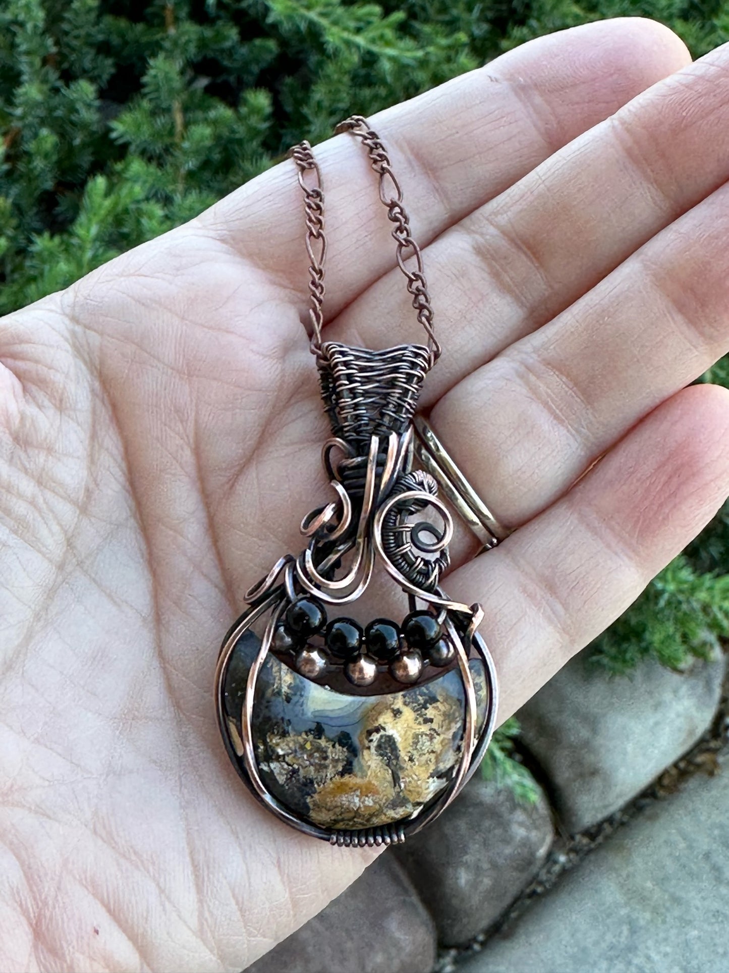 Maligano Jasper Crescent Moon Wire Wrapped Pendant