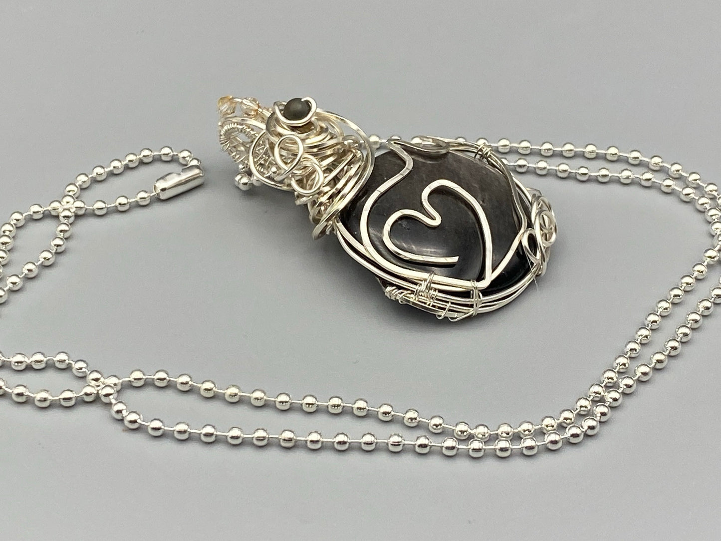 Natural Silver Sheen Obsidian Circle Pendant with Kitty Cat