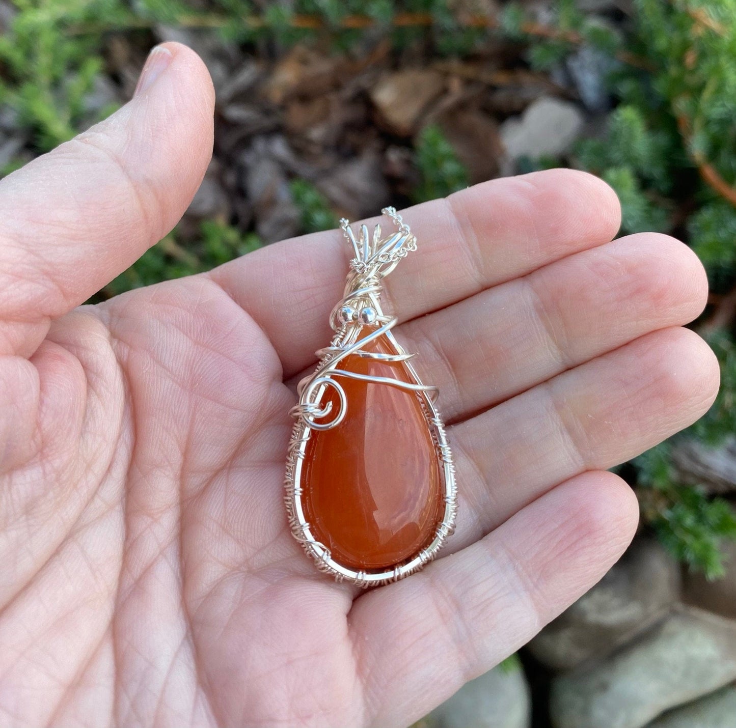 Wire Wrapped Orange Aventurine Teardrop Pendant