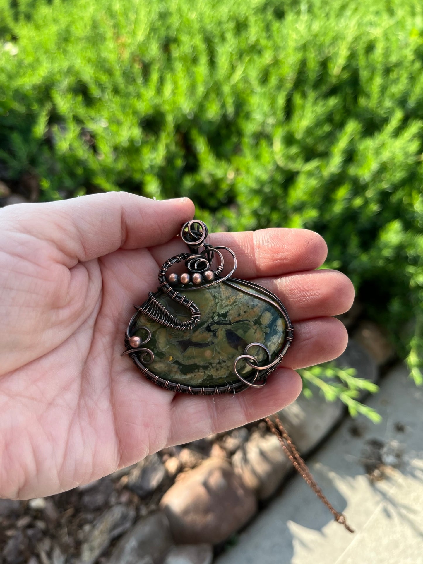 Rain Forest Jasper Oval Wire Wrapped Pendant