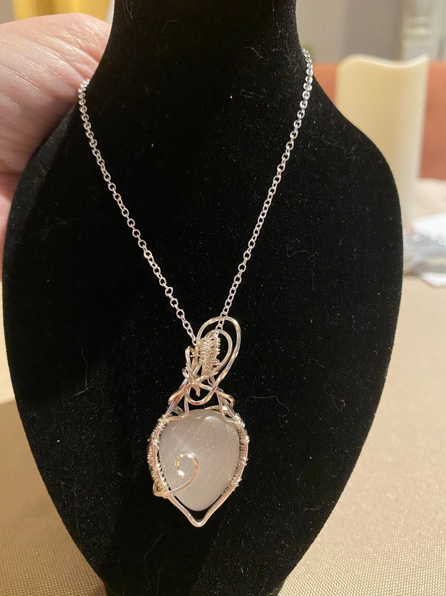 Wire Wrapped Natural Gray Cat's Eye, Chrysoberyl, Pear Pendant