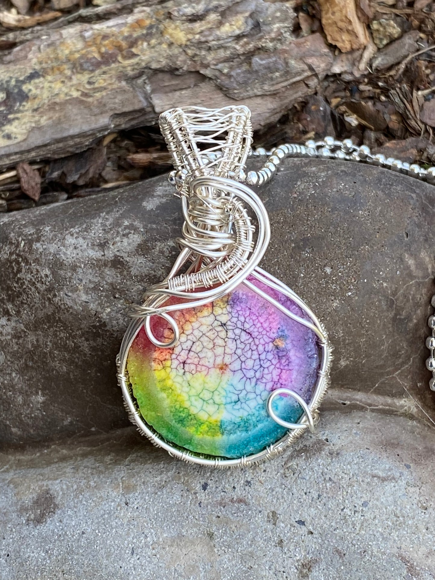 Rainbow Solar Quartz Druzy Wire Wrapped in Argentium Sterling Silver