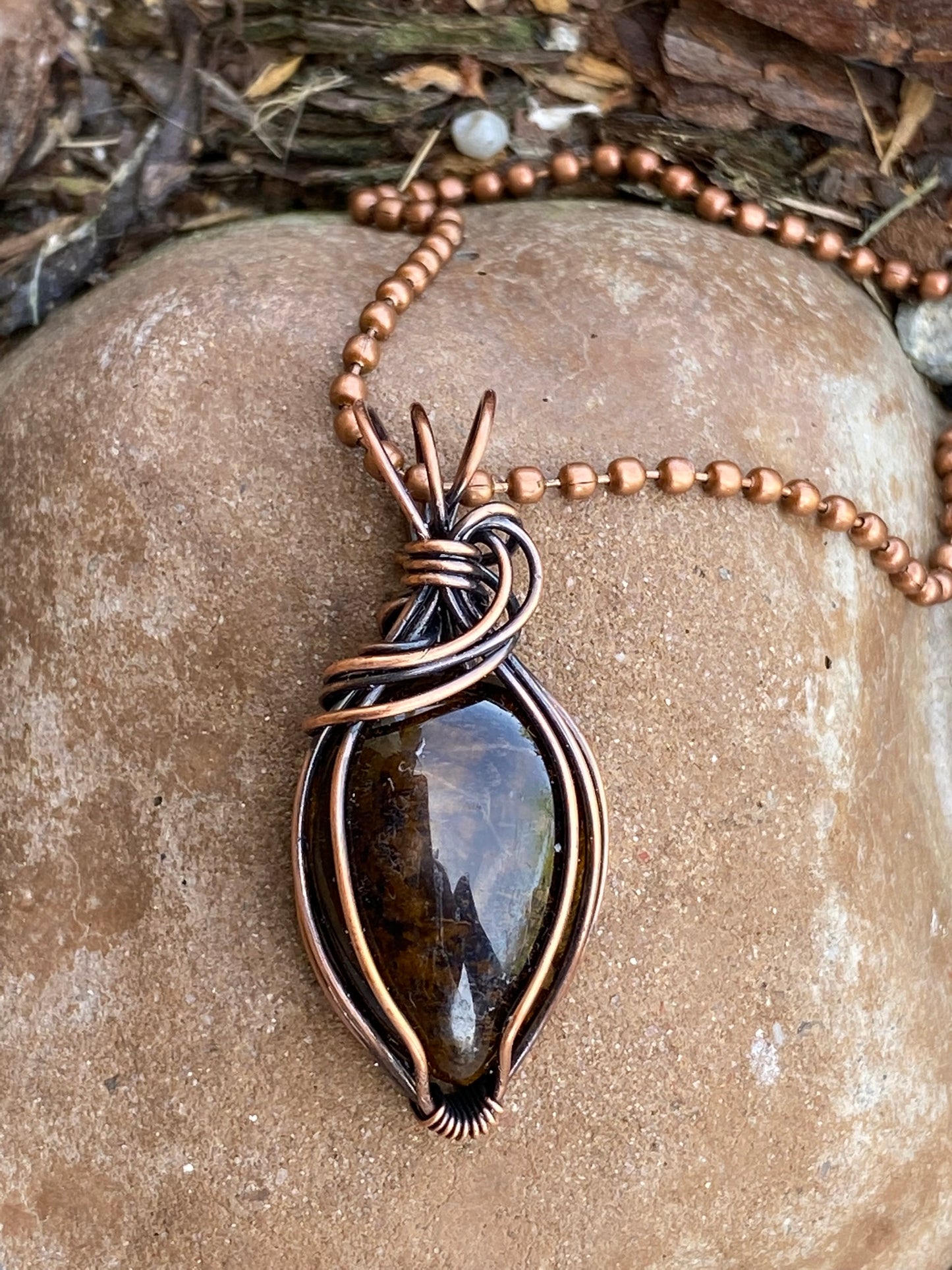Tiger's Eye Agate Teardrop Pendant, Wire Wrapped in Copper