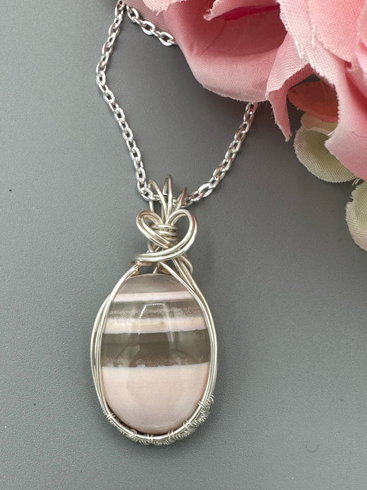 Handmade Wire Wrapped Pink Stripe Agate Oval Pendant