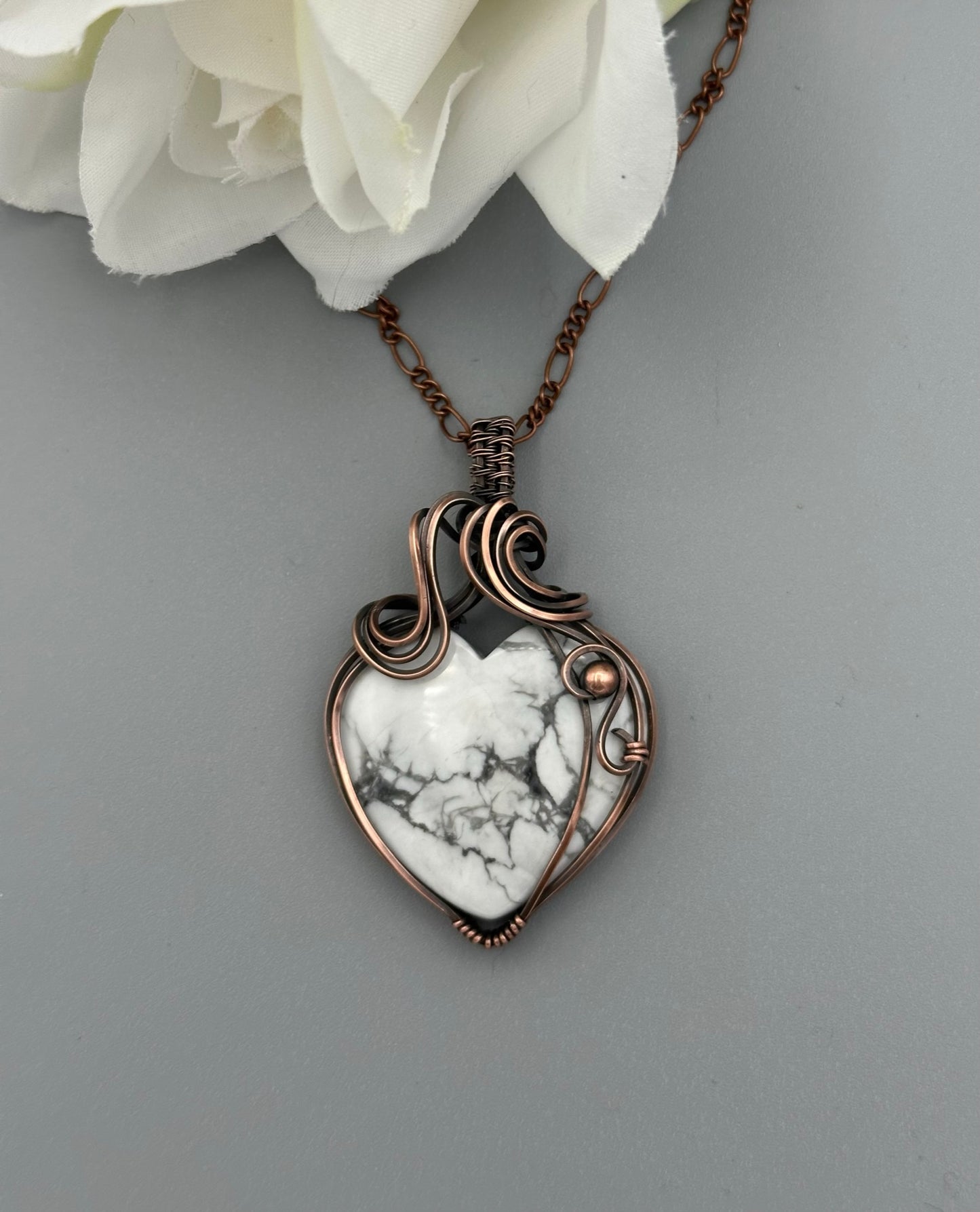 Howlite Heart Wire Wrapped Pendant | Copper Wire Wrapped